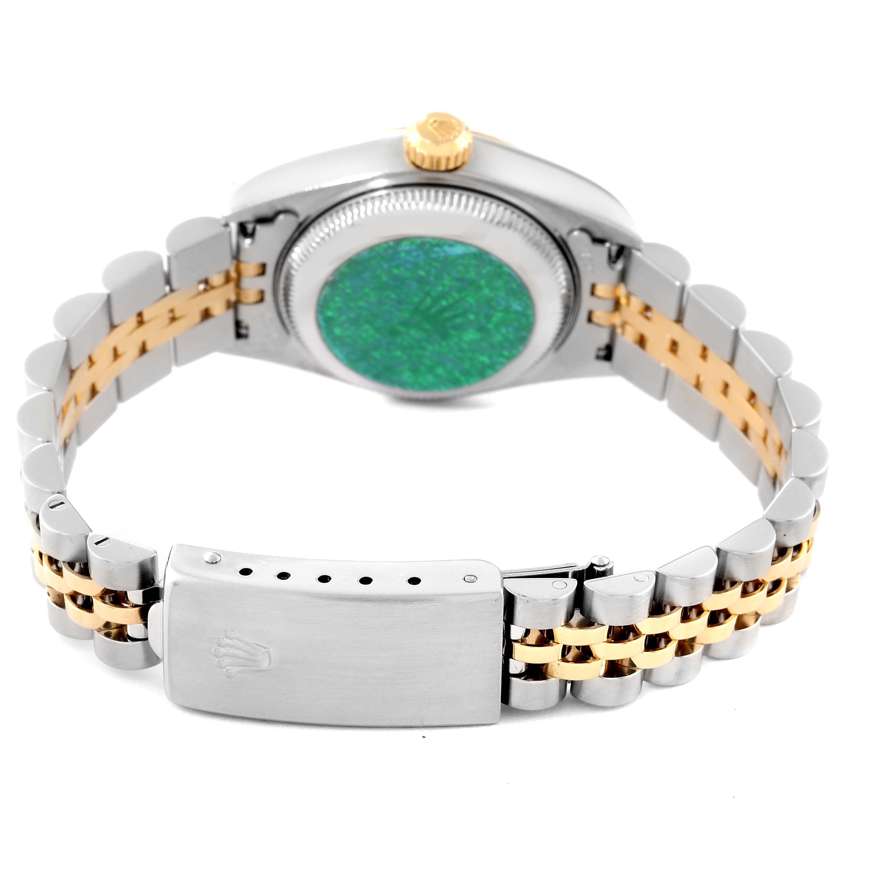 The image shows the back case and clasp of a Rolex Datejust 79173 Women's Steel and Gold (two tone) Champagne Dial 79173 Women's Steel and Gold (two tone) Champagne Dial model watch, highlighting its two-tone metal bracelet.