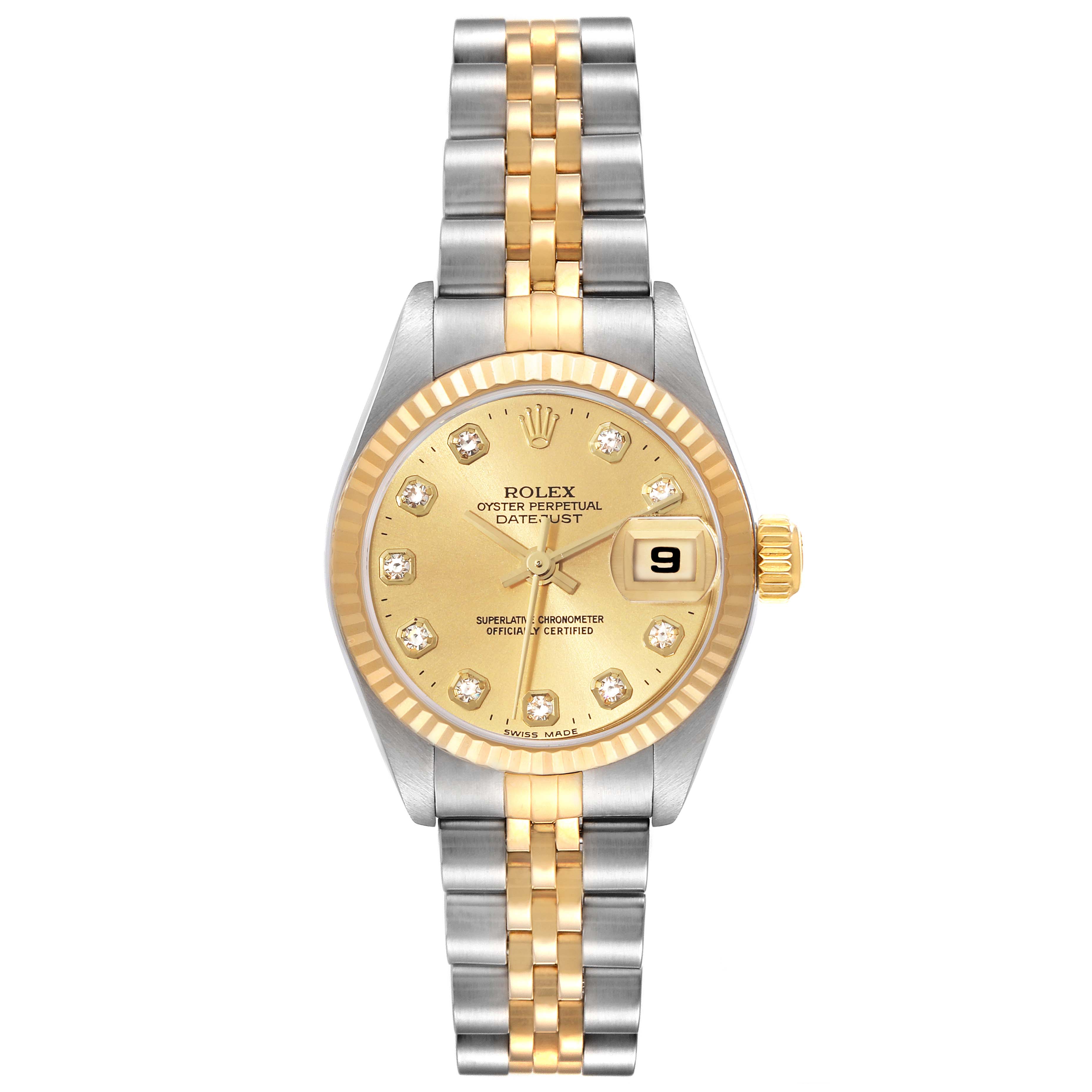 This image shows a front view of a Rolex Datejust 79173 Women's Steel and Gold (two tone) Champagne Dial 79173 Women's Steel and Gold (two tone) Champagne Dial watch, featuring the dial, bezel, crown, and bracelet.