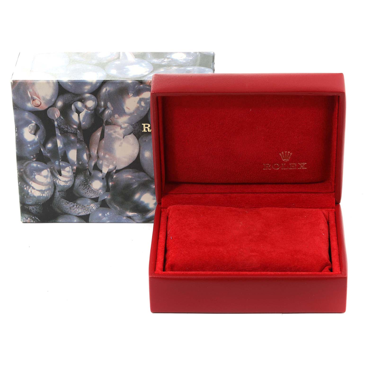 The image shows a Rolex Datejust 79173 Women's Steel and Gold (two tone) Champagne Dial 79173 Women's Steel and Gold (two tone) Champagne Dial watch box with a red interior and cushion, alongside its outer decorative box.