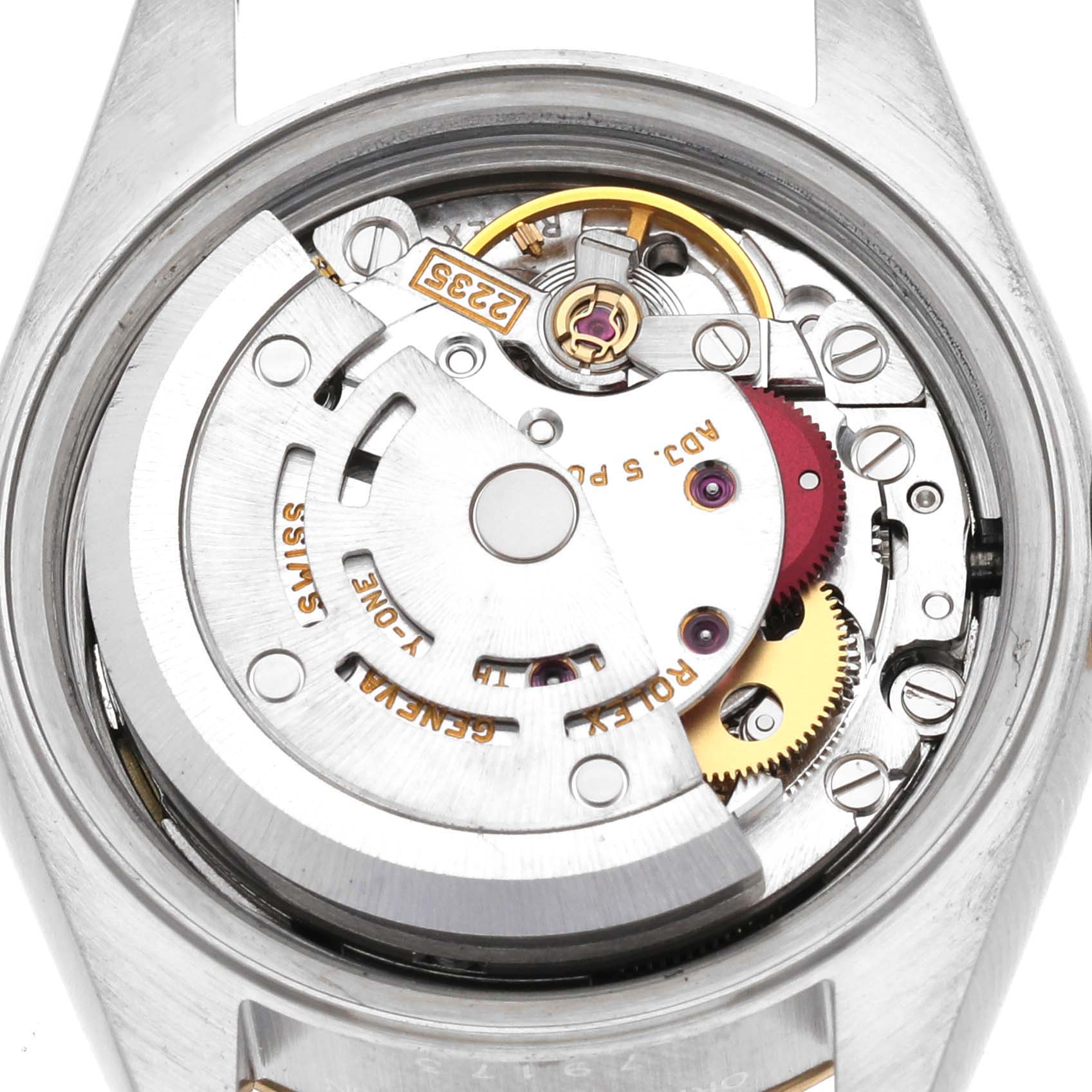 This image shows the movement mechanism of a Rolex Datejust 79173 Women's Steel and Gold (two tone) Champagne Dial 79173 Women's Steel and Gold (two tone) Champagne Dial watch, viewed from the back with the case removed.