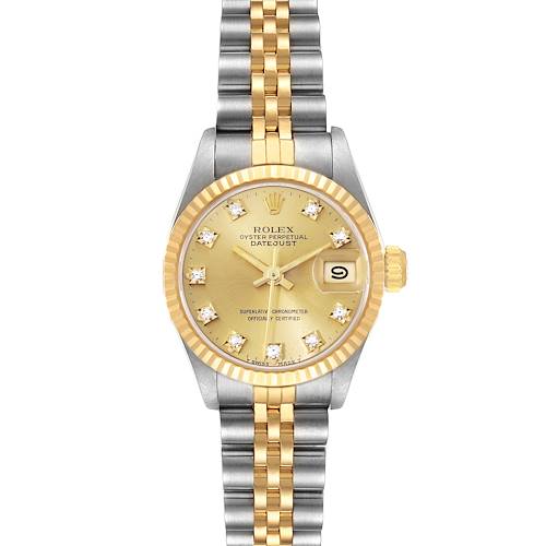 The Rolex Datejust watch is shown from a top-down angle, displaying its gold and silver bracelet, dial, and crown.