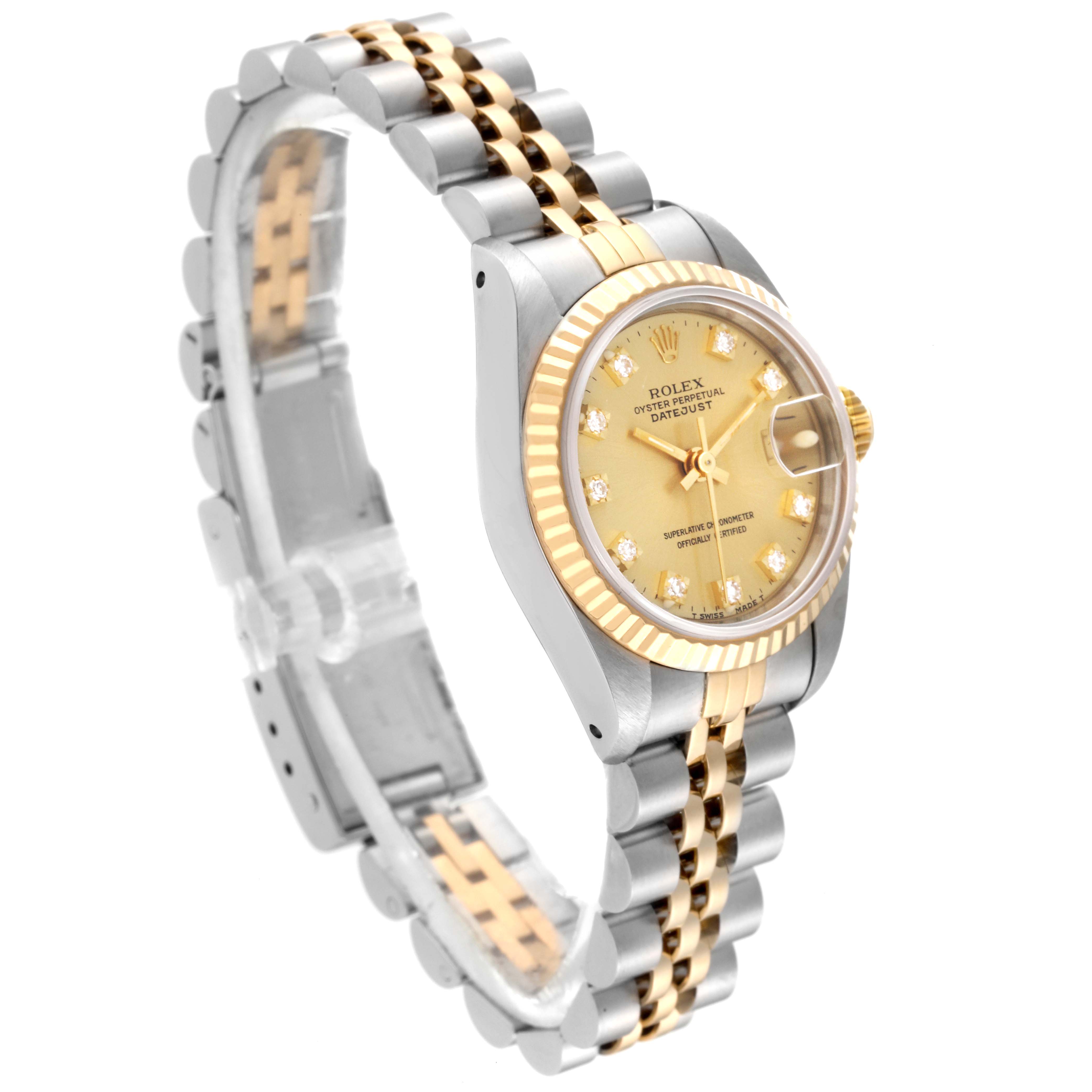 The image shows a Rolex Datejust 69173 Women's Steel and Gold (two tone) Champagne Dial 69173 Women's Steel and Gold (two tone) Champagne Dial watch from an angled side view, highlighting its gold and silver bracelet, and gold dial with diamond markers.