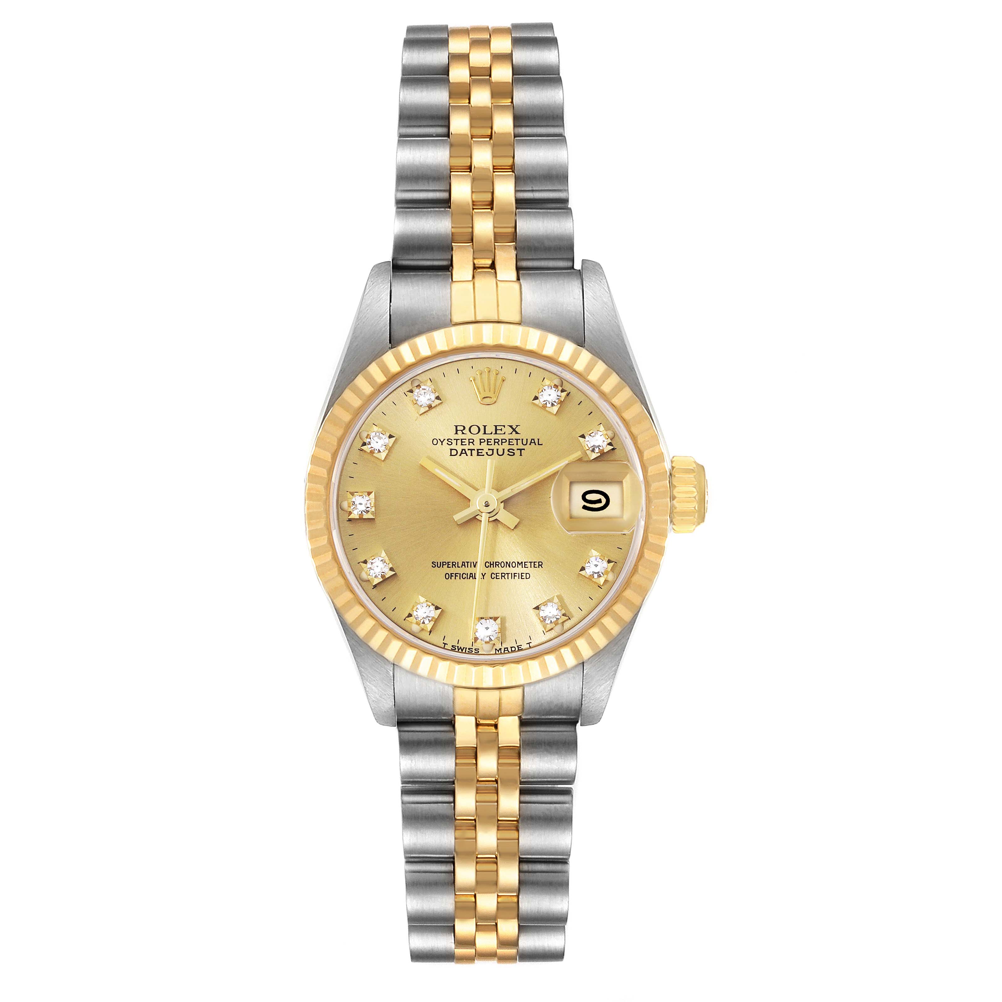 The Rolex Datejust 69173 Women's Steel and Gold (two tone) Champagne Dial 69173 Women's Steel and Gold (two tone) Champagne Dial model watch is shown from a top-down angle, displaying its face, bezel, crown, and two-tone bracelet.