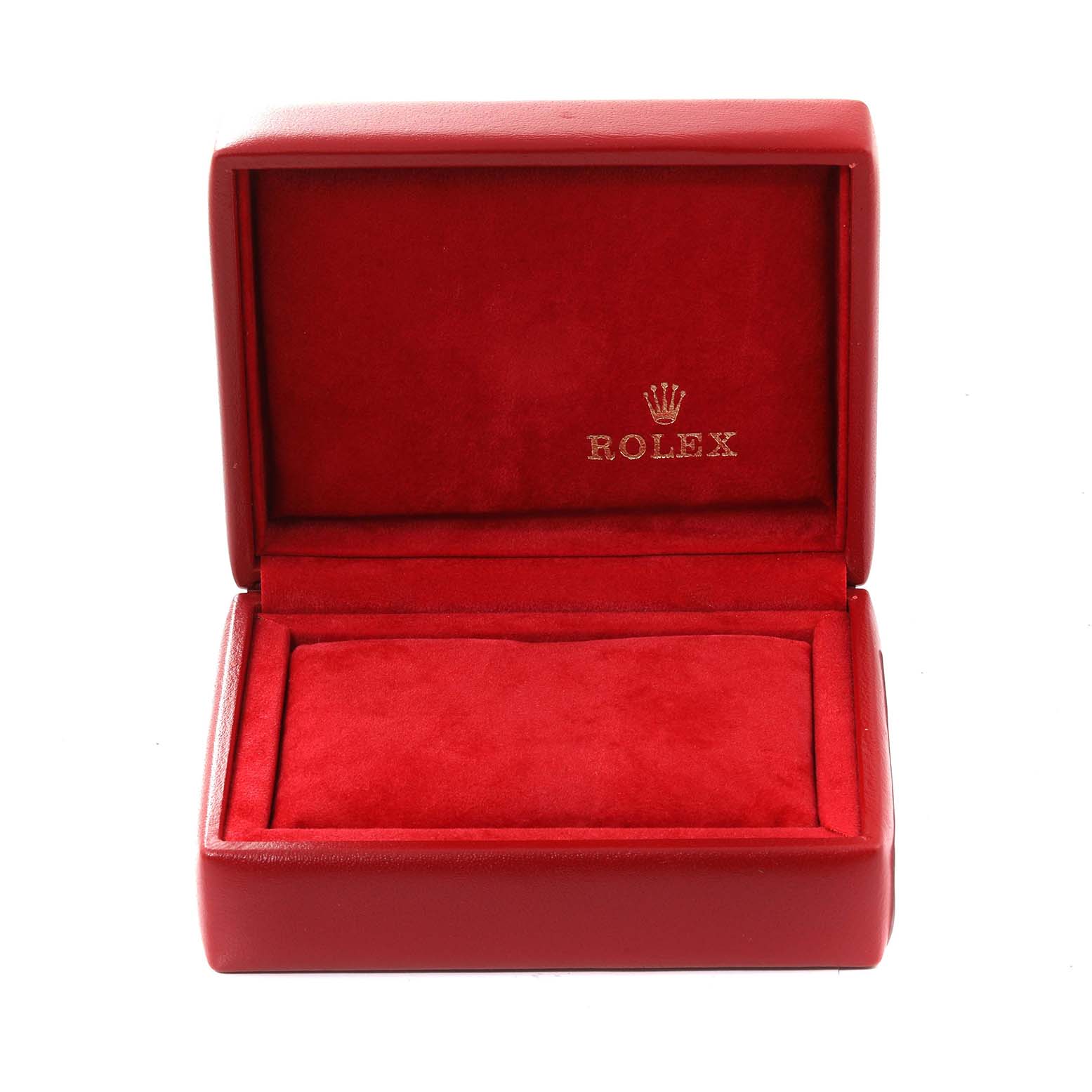 This image shows an empty Rolex Datejust 69173 Women's Steel and Gold (two tone) Champagne Dial 69173 Women's Steel and Gold (two tone) Champagne Dial watch box with a red velvet interior and the Rolex logo inside.