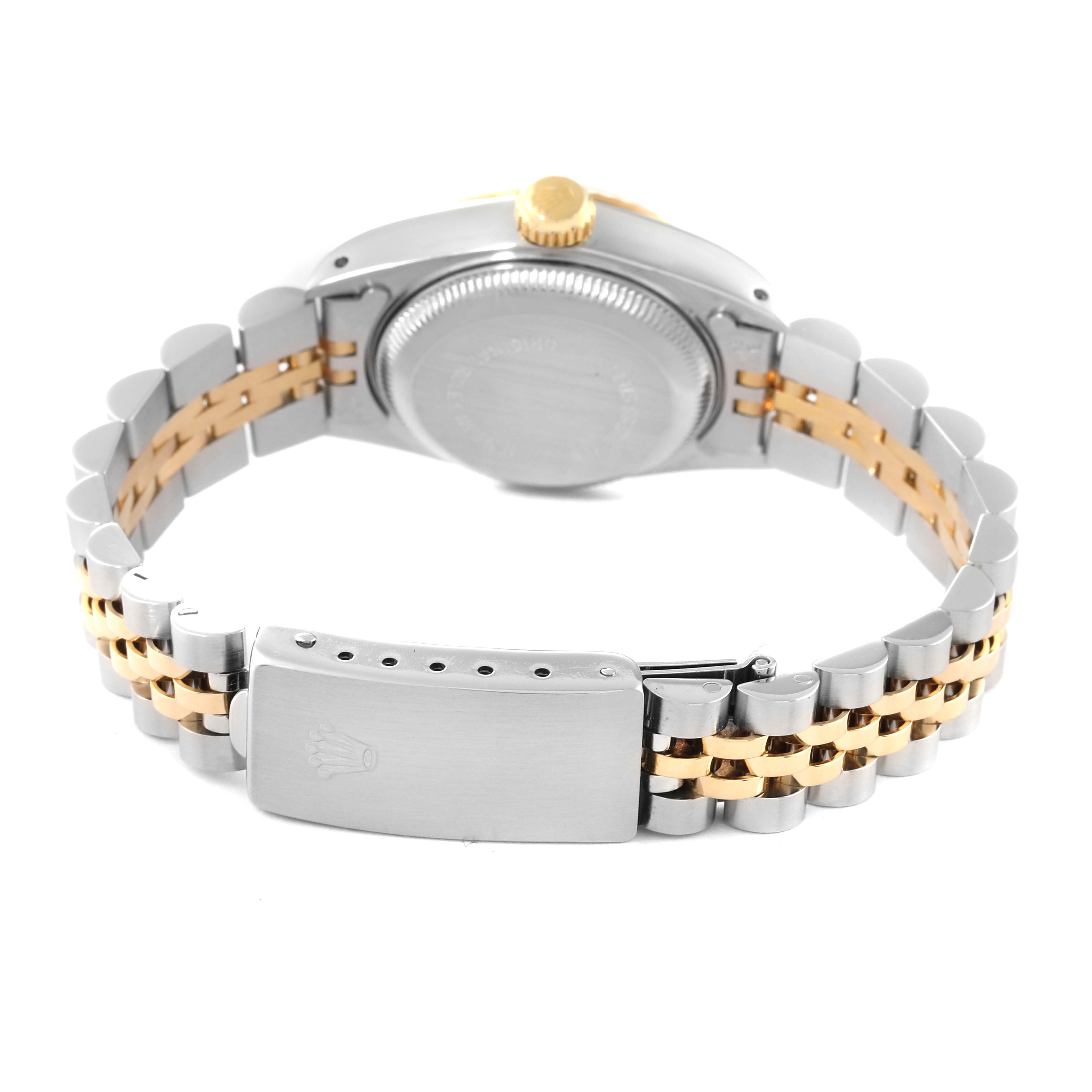 This image shows the back view of the Rolex Datejust 69173 Women's Steel and Gold (two tone) Champagne Dial 69173 Women's Steel and Gold (two tone) Champagne Dial watch, highlighting the case back, crown, and two-tone bracelet.