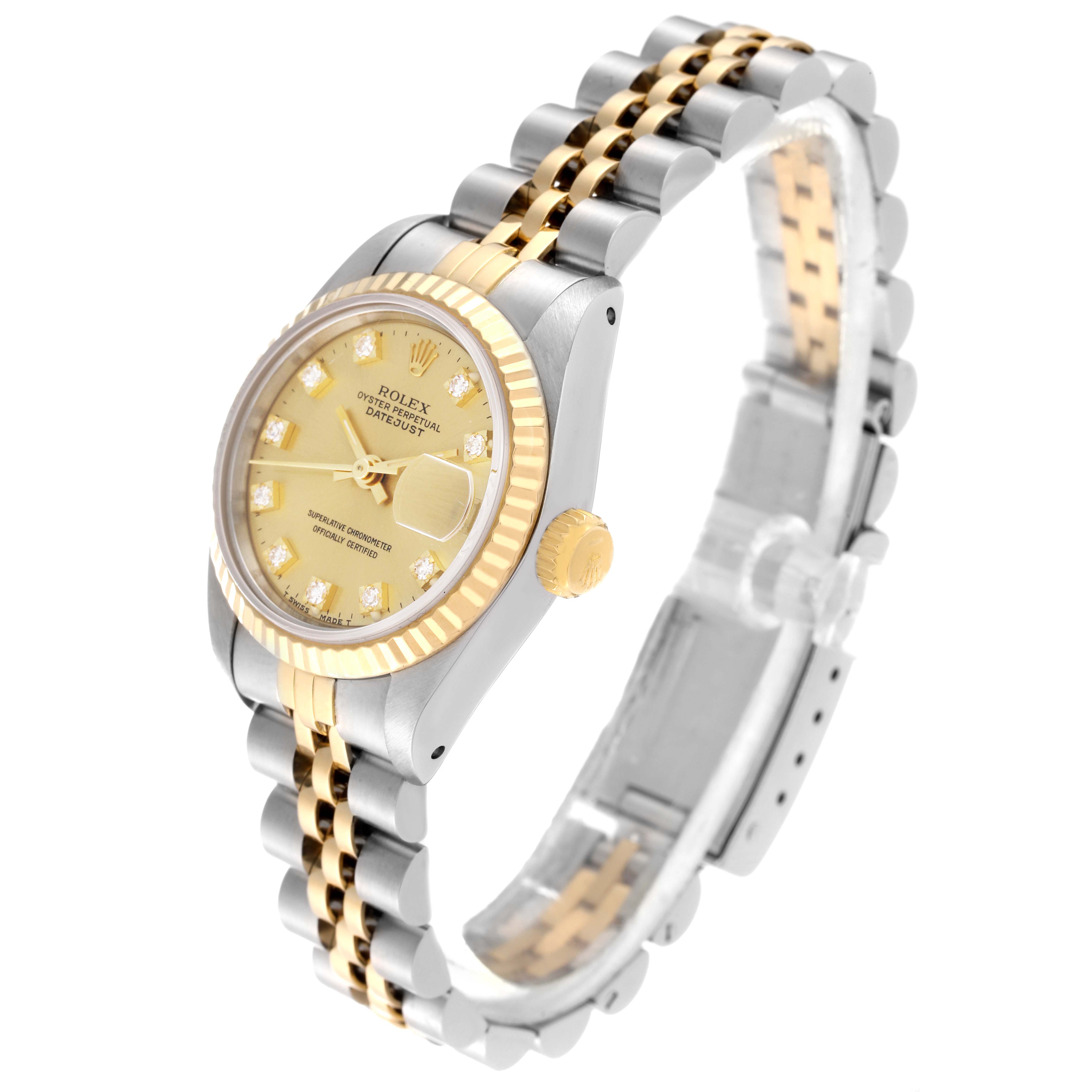 The image shows a Rolex Datejust 69173 Women's Steel and Gold (two tone) Champagne Dial 69173 Women's Steel and Gold (two tone) Champagne Dial watch at a three-quarter angle, highlighting its bezel, dial, case, crown, and two-tone bracelet.