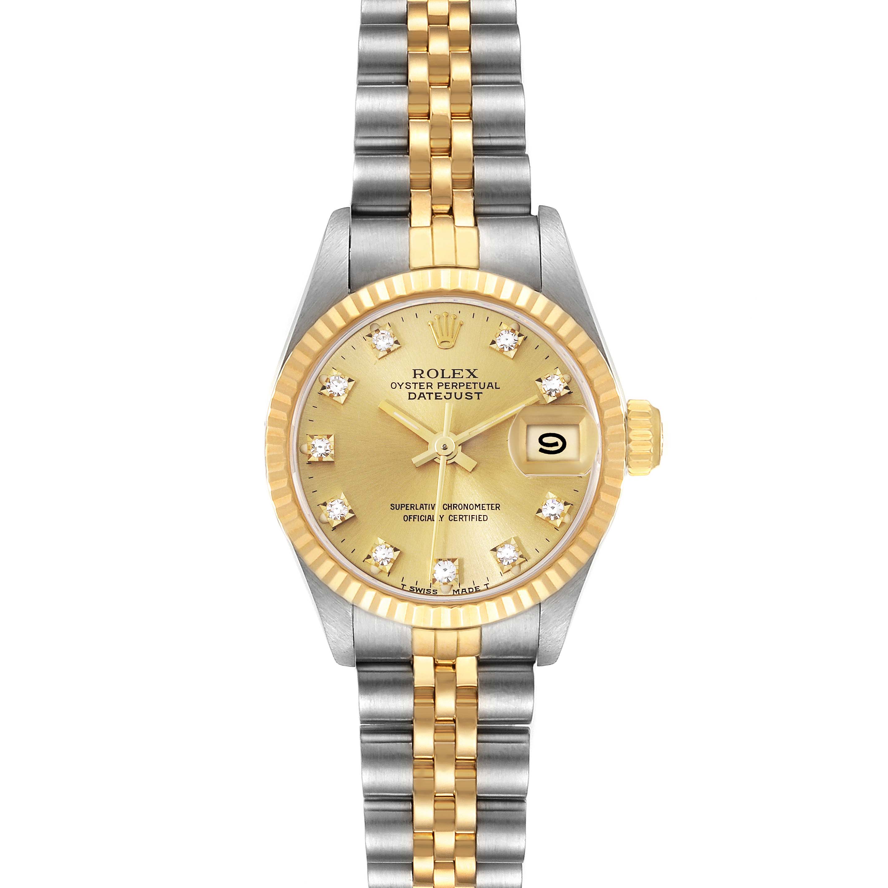 This image shows a front view of a Rolex Datejust 69173 Women's Steel and Gold (two tone) Champagne Dial 69173 Women's Steel and Gold (two tone) Champagne Dial watch, featuring a gold dial, fluted bezel, and two-tone bracelet.