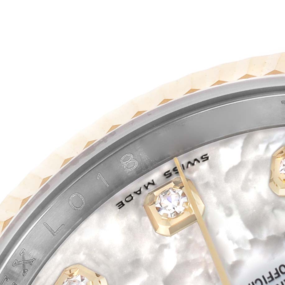 The image shows a close-up of the dial and bezel of a Rolex Datejust 116233 Men's Stainless Steel Mother of Pearl Dial, highlighting the diamond markers.