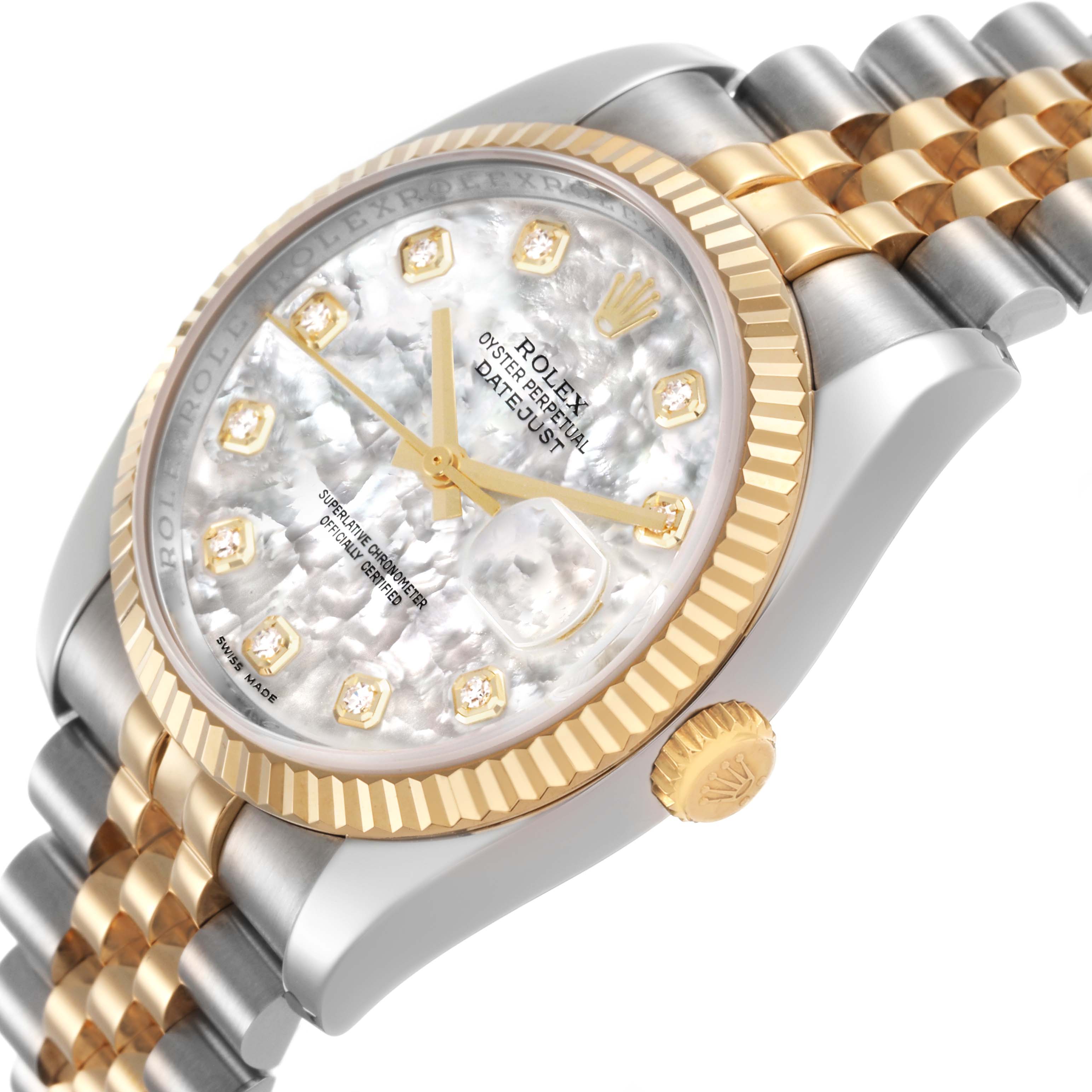 The Rolex Datejust 116233 Men's Stainless Steel Mother of Pearl Dial watch is angled to show the dial, bezel, crown, and part of the bracelet.