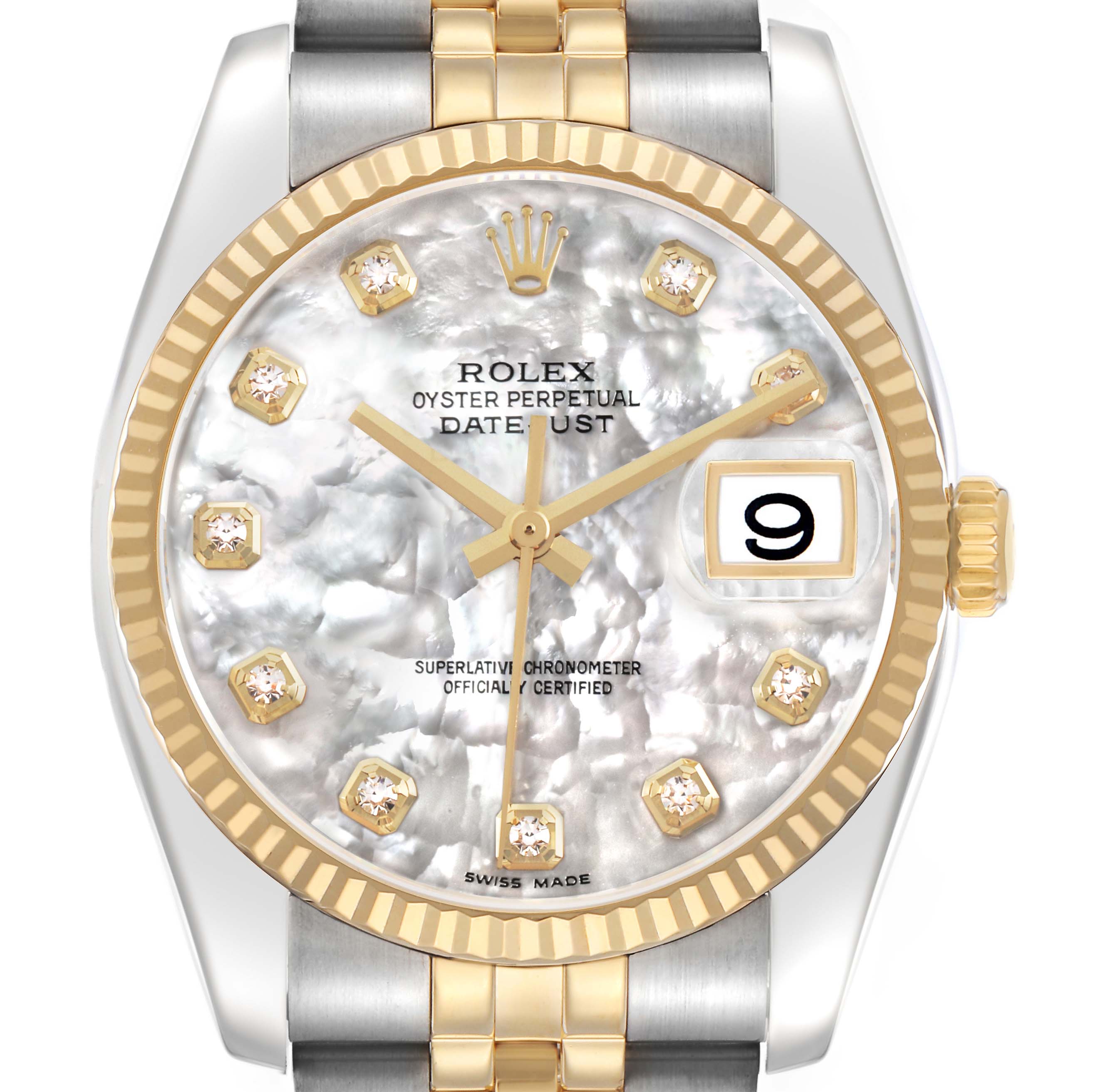 The Rolex Datejust 116233 Men's Stainless Steel Mother of Pearl Dial watch is shown from the front, highlighting its dial, bezel, and part of the bracelet.