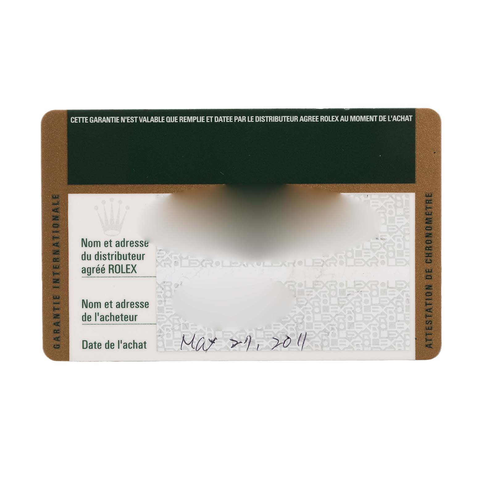 The image shows a warranty card for a Rolex Datejust 116233 Men's Stainless Steel Mother of Pearl Dial, featuring purchase details and dealer information.
