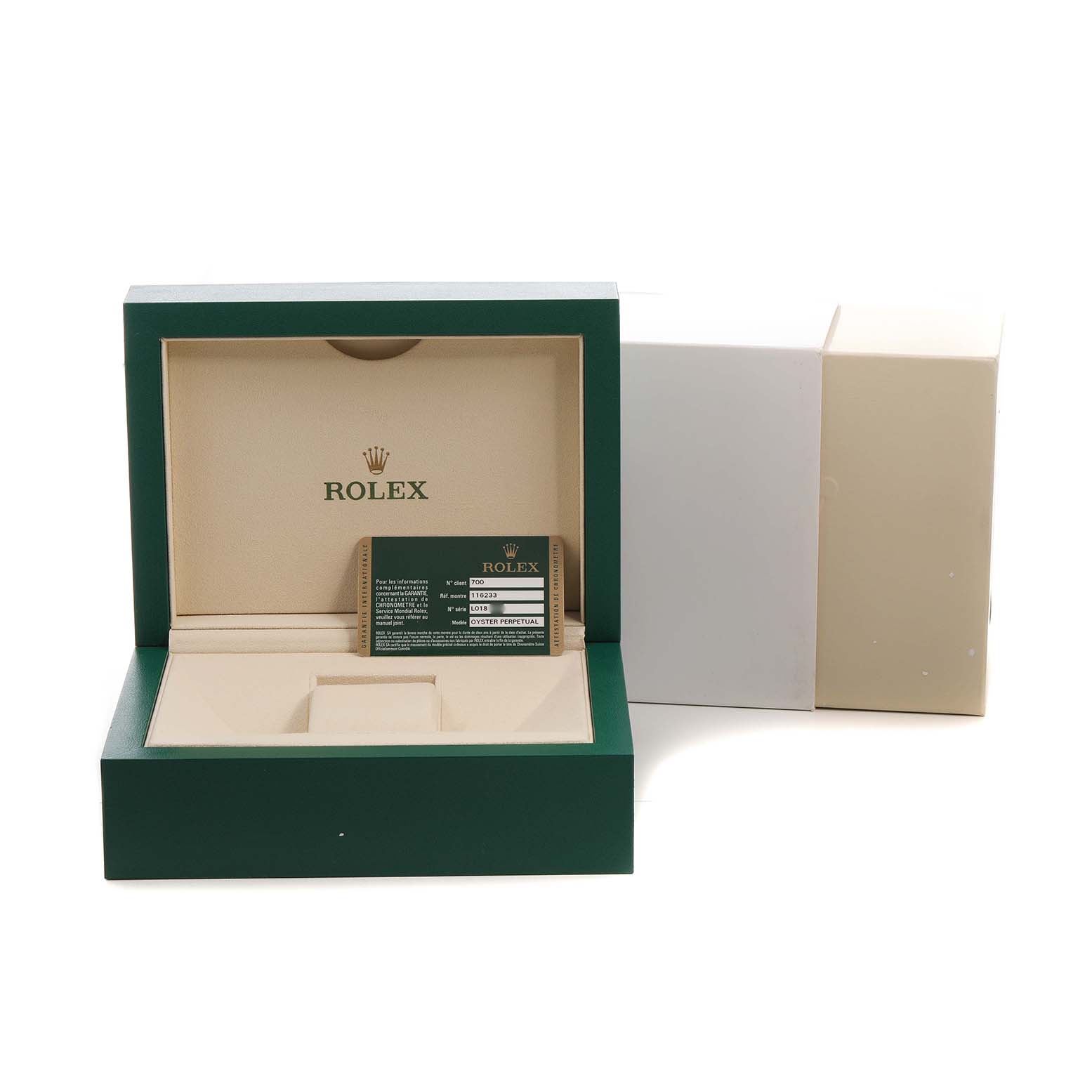The image shows an open Rolex Datejust 116233 Men's Stainless Steel Mother of Pearl Dial box with a warranty card placed inside.