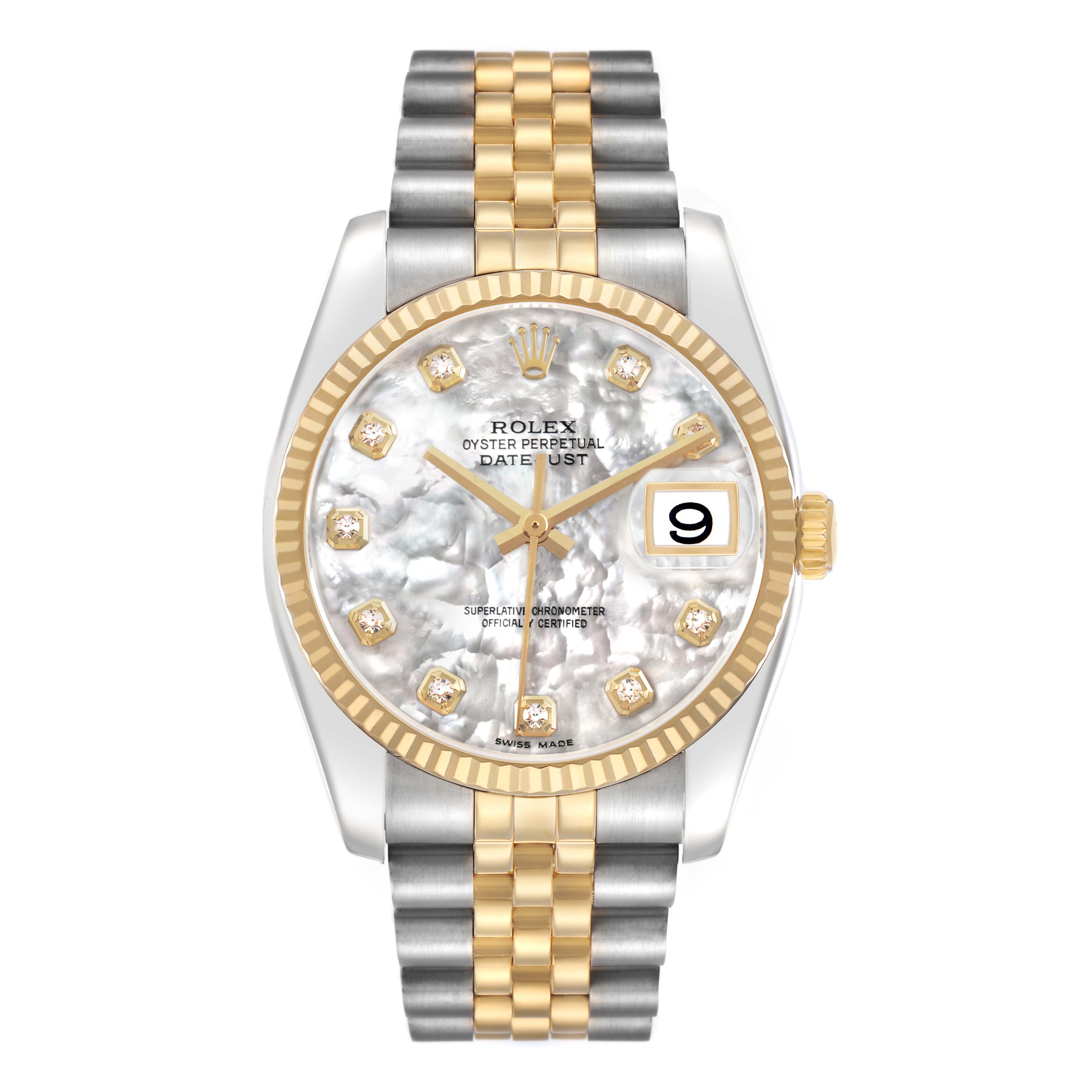 The Rolex Datejust 116233 Men's Stainless Steel Mother of Pearl Dial watch is shown from the front, highlighting its dial, bezel, and bracelet.