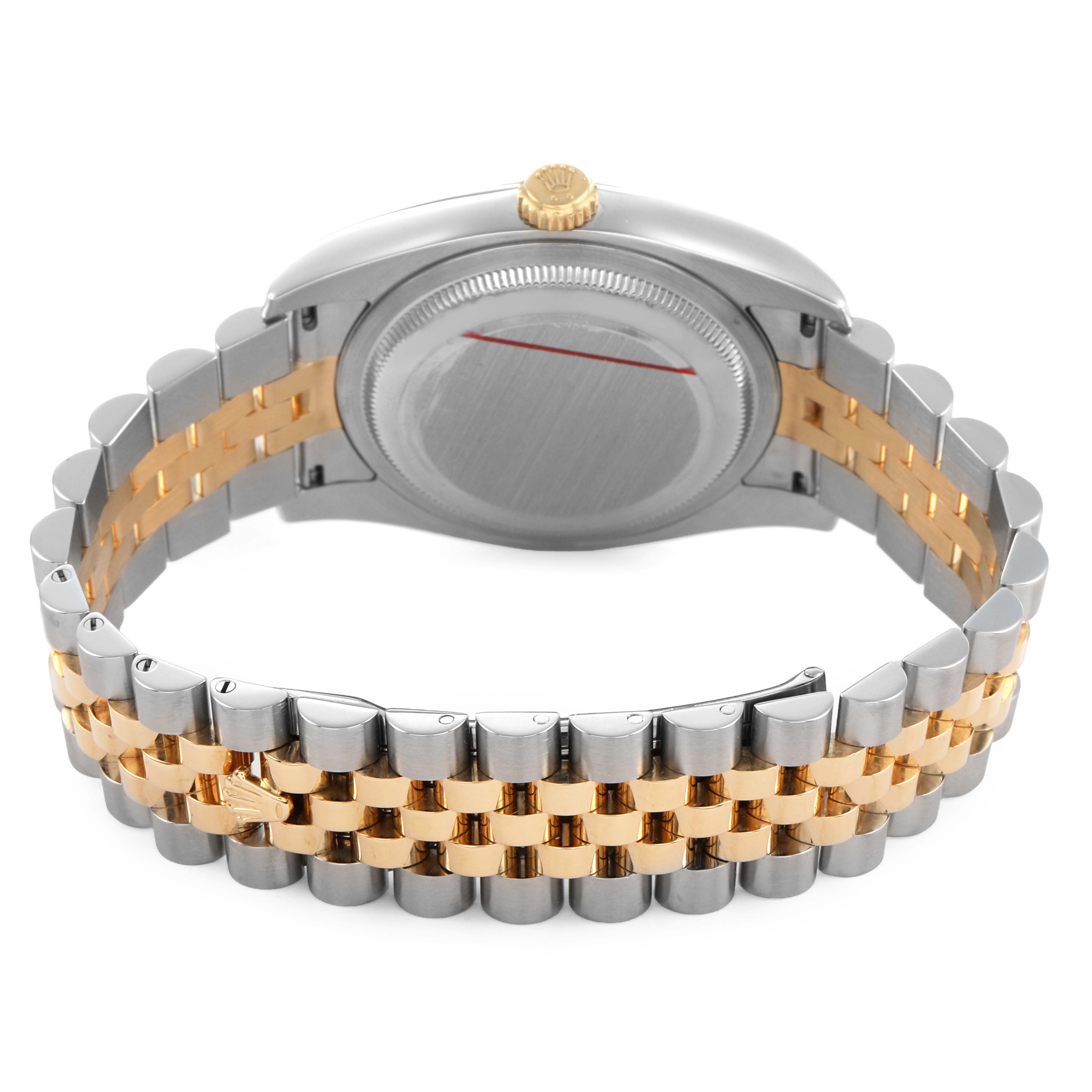 The image shows the back of a Rolex Datejust 116233 Men's Stainless Steel Mother of Pearl Dial watch with a Jubilee bracelet, highlighting the two-tone metal and clasp.