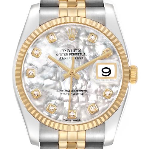 The Rolex Datejust 116233 Men's Stainless Steel Mother of Pearl Dial watch is shown from the front, highlighting the dial, fluted bezel, and two-tone bracelet.