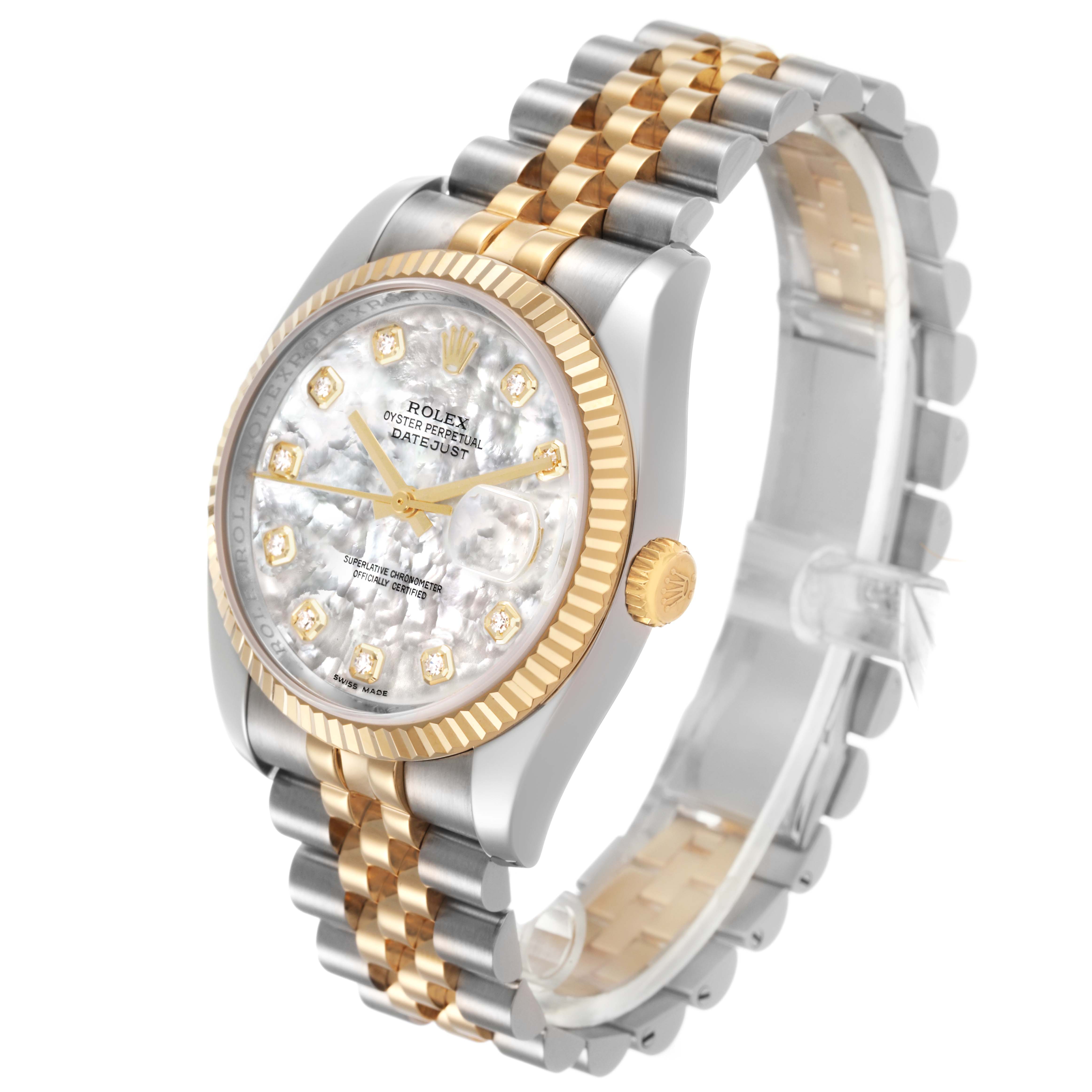 The Rolex Datejust 116233 Men's Stainless Steel Mother of Pearl Dial watch is shown at an angled side view, highlighting its two-tone bracelet, fluted bezel, and diamond hour markers on the dial.