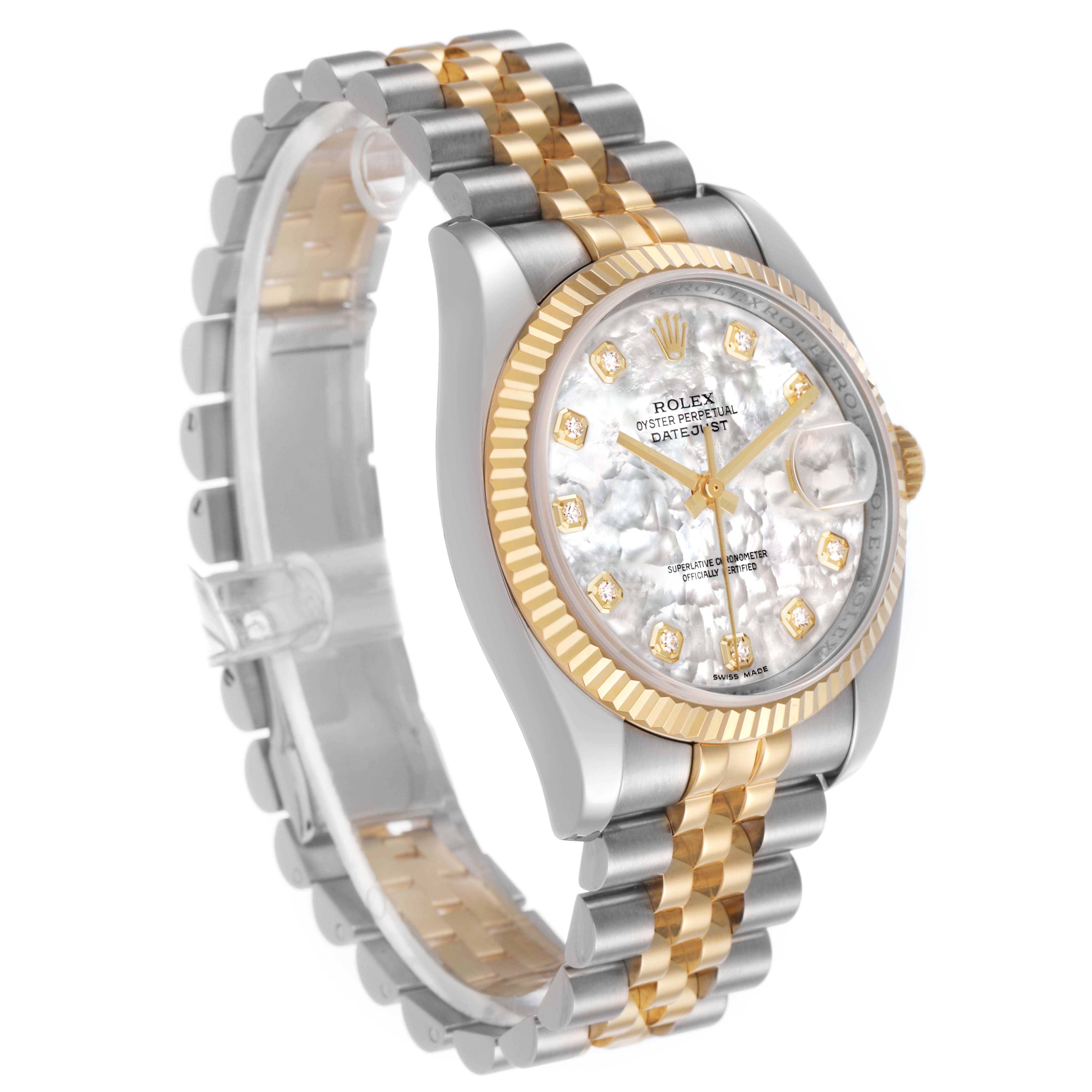 The Rolex Datejust 116233 Men's Stainless Steel Mother of Pearl Dial watch is shown at a three-quarter angle, displaying its two-tone bracelet, fluted bezel, and mother-of-pearl dial.