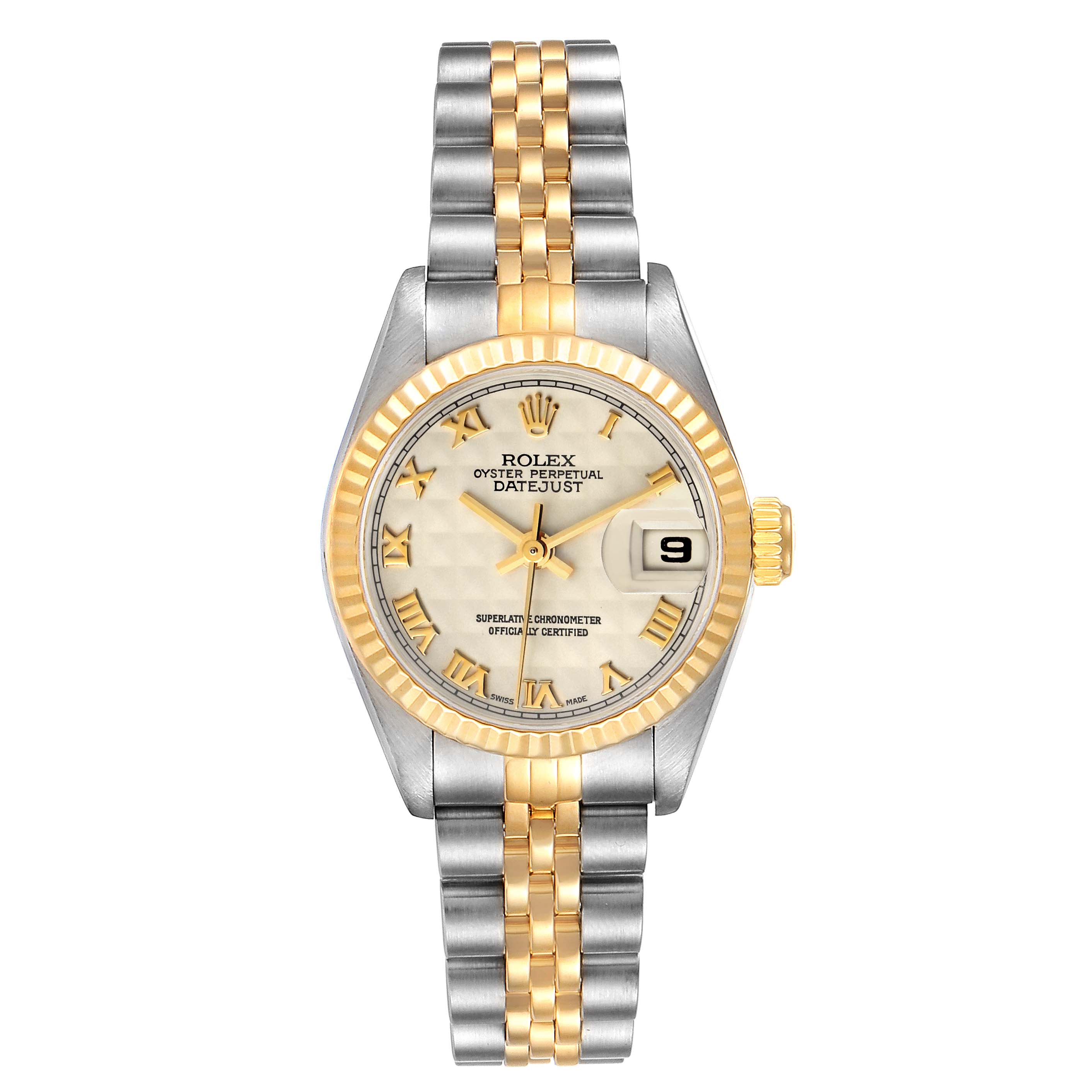 This image shows a front view of a Rolex Datejust 69173 Women
s Steel and Gold (two tone) Beige Dial 69173 Women
s Steel and Gold (two tone) Beige Dial watch, displaying its dial, bracelet, and bezel.