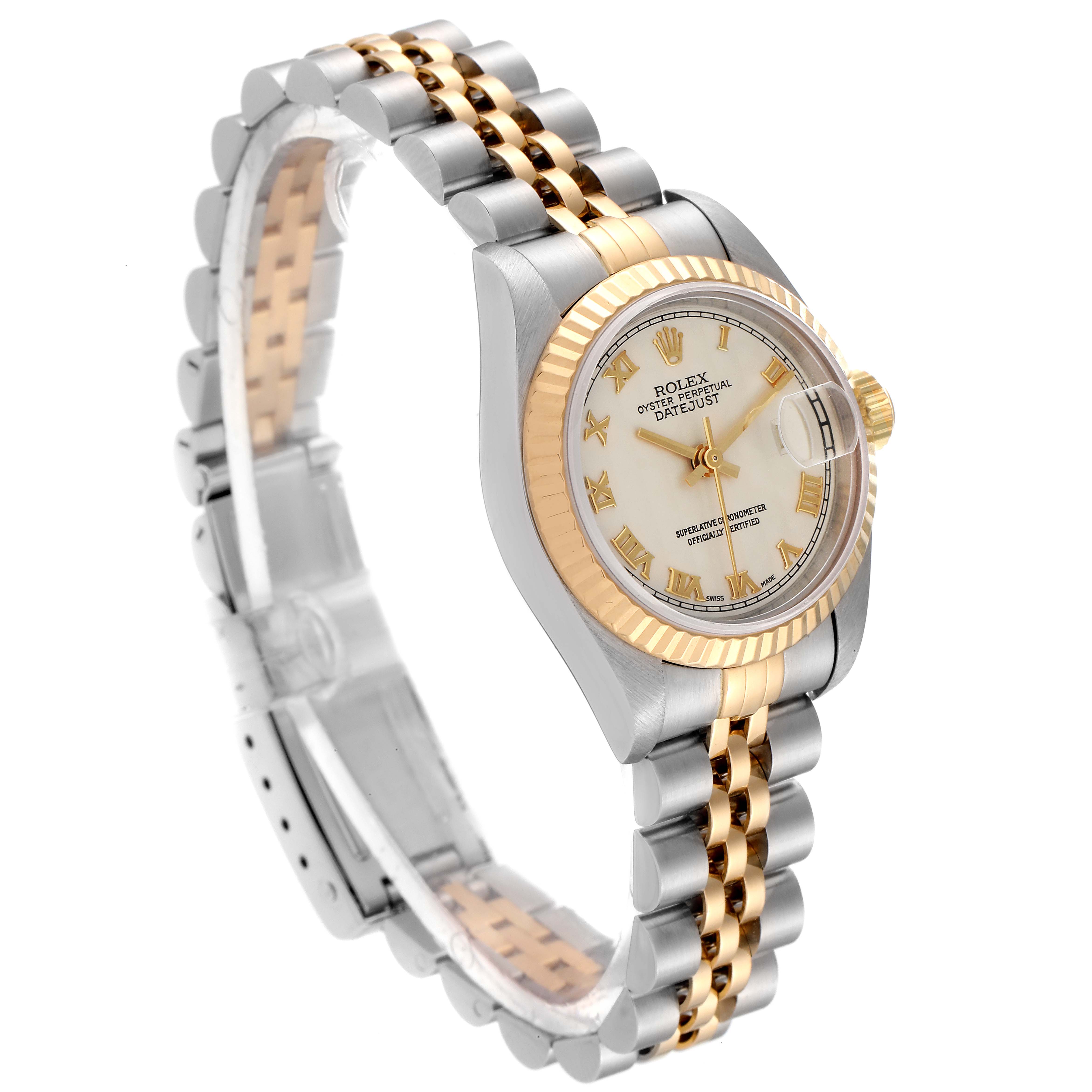 The image shows a diagonally angled view of a Rolex Datejust 69173 Women
s Steel and Gold (two tone) Beige Dial 69173 Women
s Steel and Gold (two tone) Beige Dial watch, highlighting the two-tone bracelet, fluted bezel, and dial.