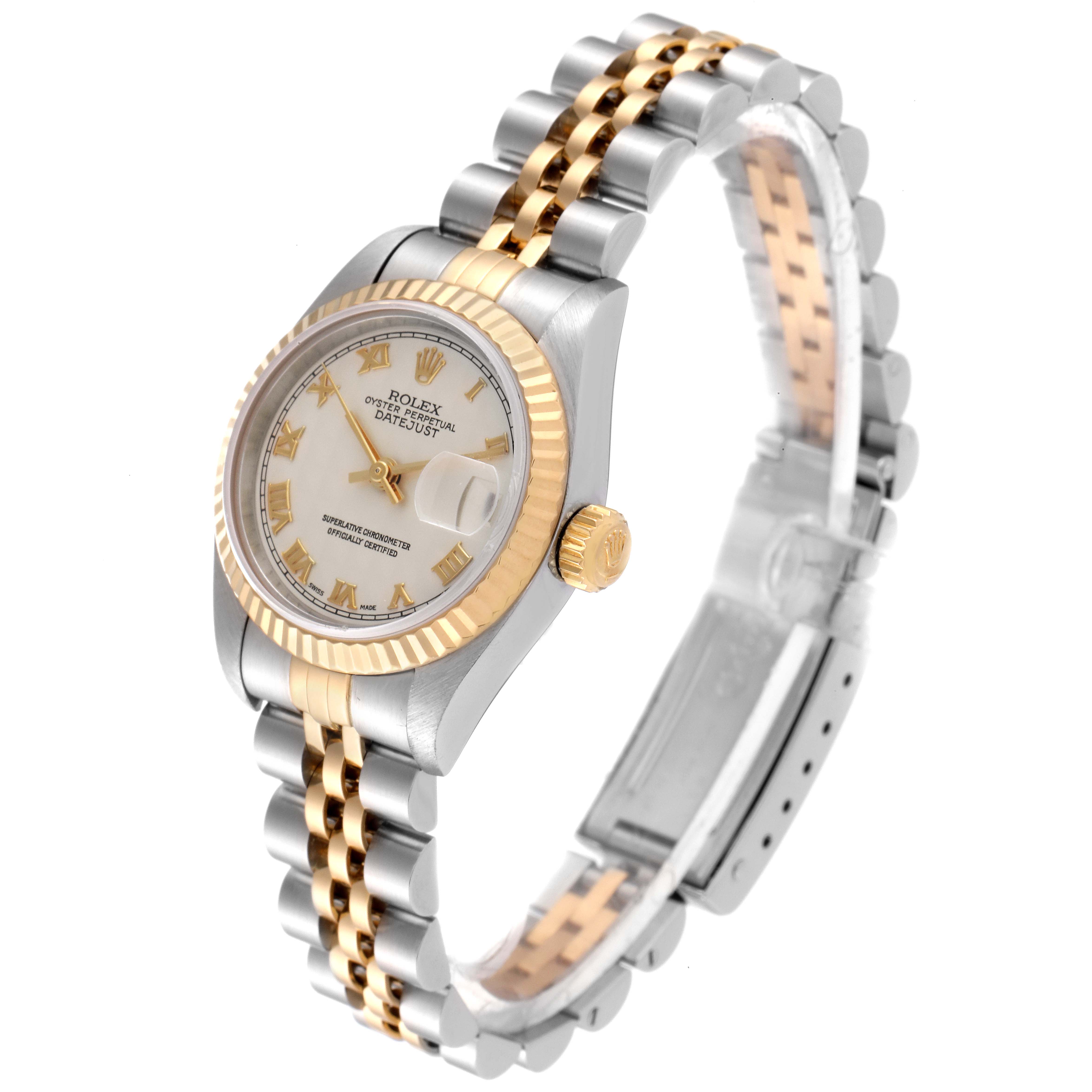 The image shows a Rolex Datejust 69173 Women
s Steel and Gold (two tone) Beige Dial 69173 Women
s Steel and Gold (two tone) Beige Dial watch from a front-side angle, highlighting the dial, bezel, crown, and two-tone bracelet.