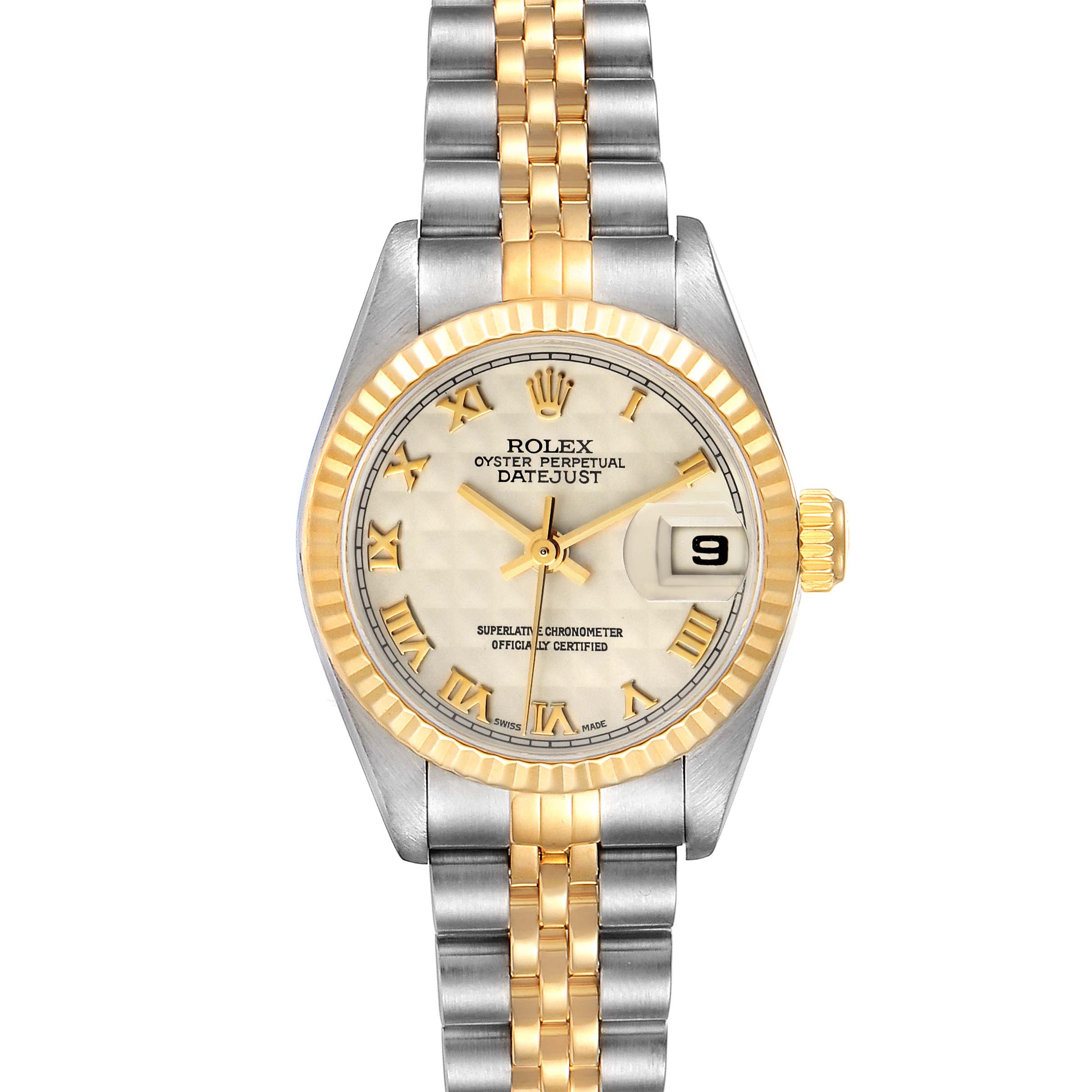 The image shows a front view of a Rolex Datejust 69173 Women
s Steel and Gold (two tone) Beige Dial 69173 Women
s Steel and Gold (two tone) Beige Dial watch, highlighting its face, bezel, crown, and bracelet.