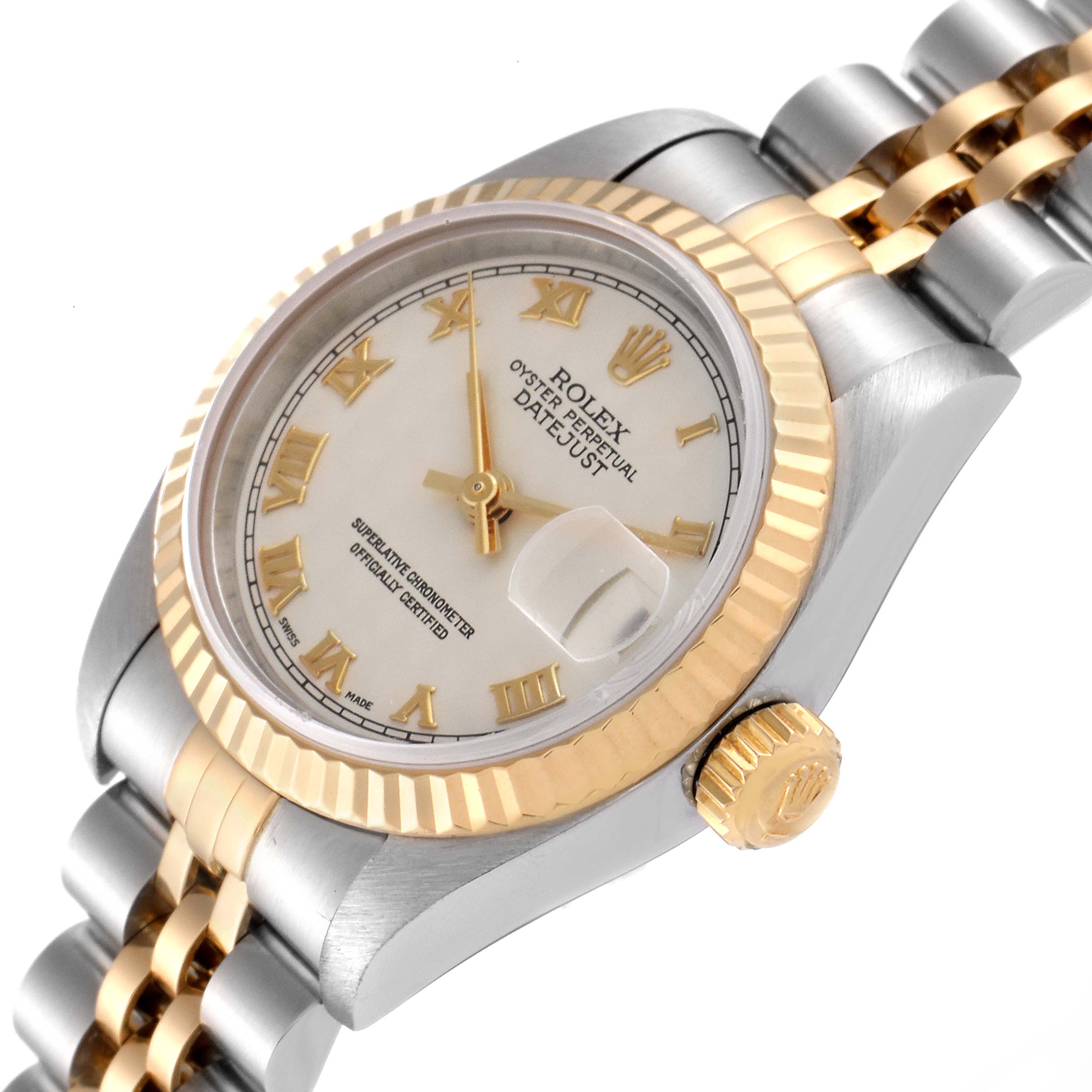 The image shows a Rolex Datejust 69173 Women
s Steel and Gold (two tone) Beige Dial 69173 Women
s Steel and Gold (two tone) Beige Dial watch from an oblique angle, highlighting the dial, bezel, crown, and part of the bracelet.