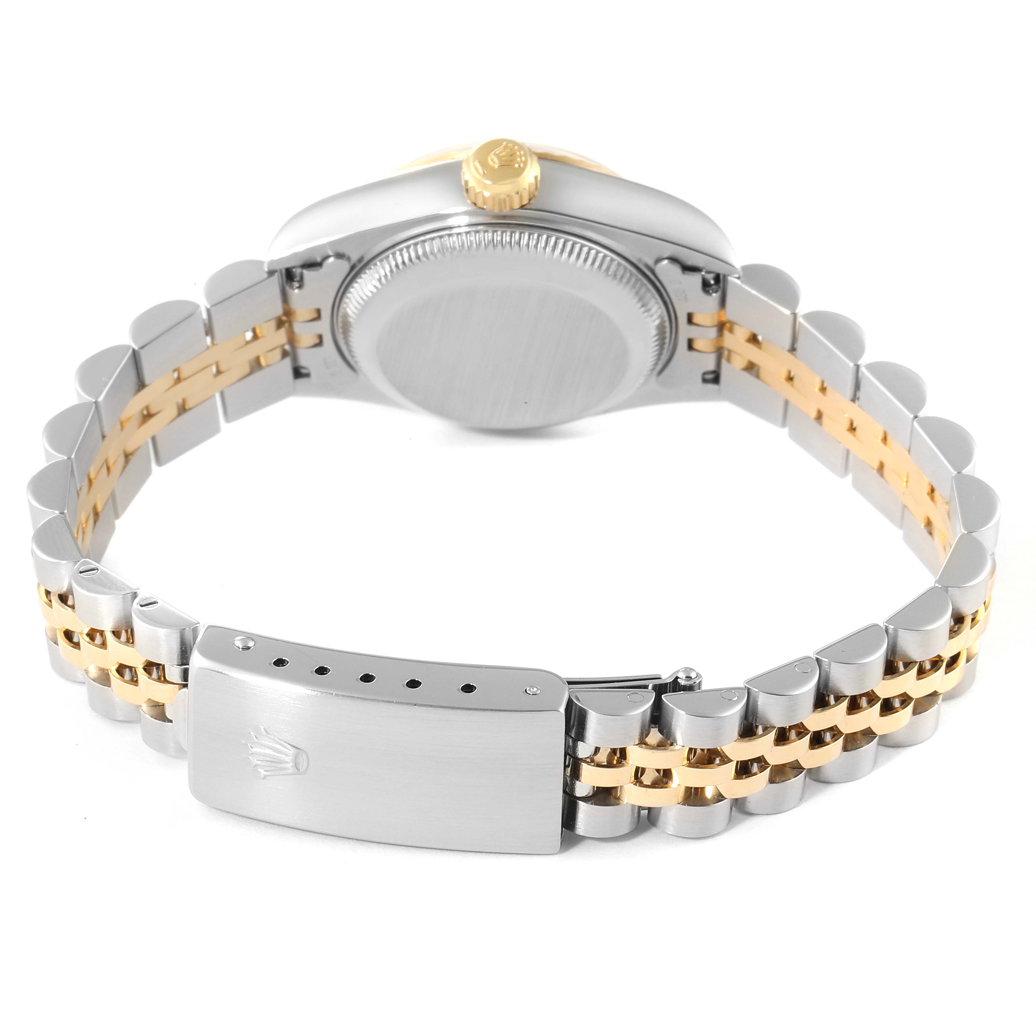 This image shows the back and bracelet of a Rolex Datejust 69173 Women
s Steel and Gold (two tone) Beige Dial 69173 Women
s Steel and Gold (two tone) Beige Dial watch, highlighting the two-tone stainless steel and gold jubilee bracelet and clasp.