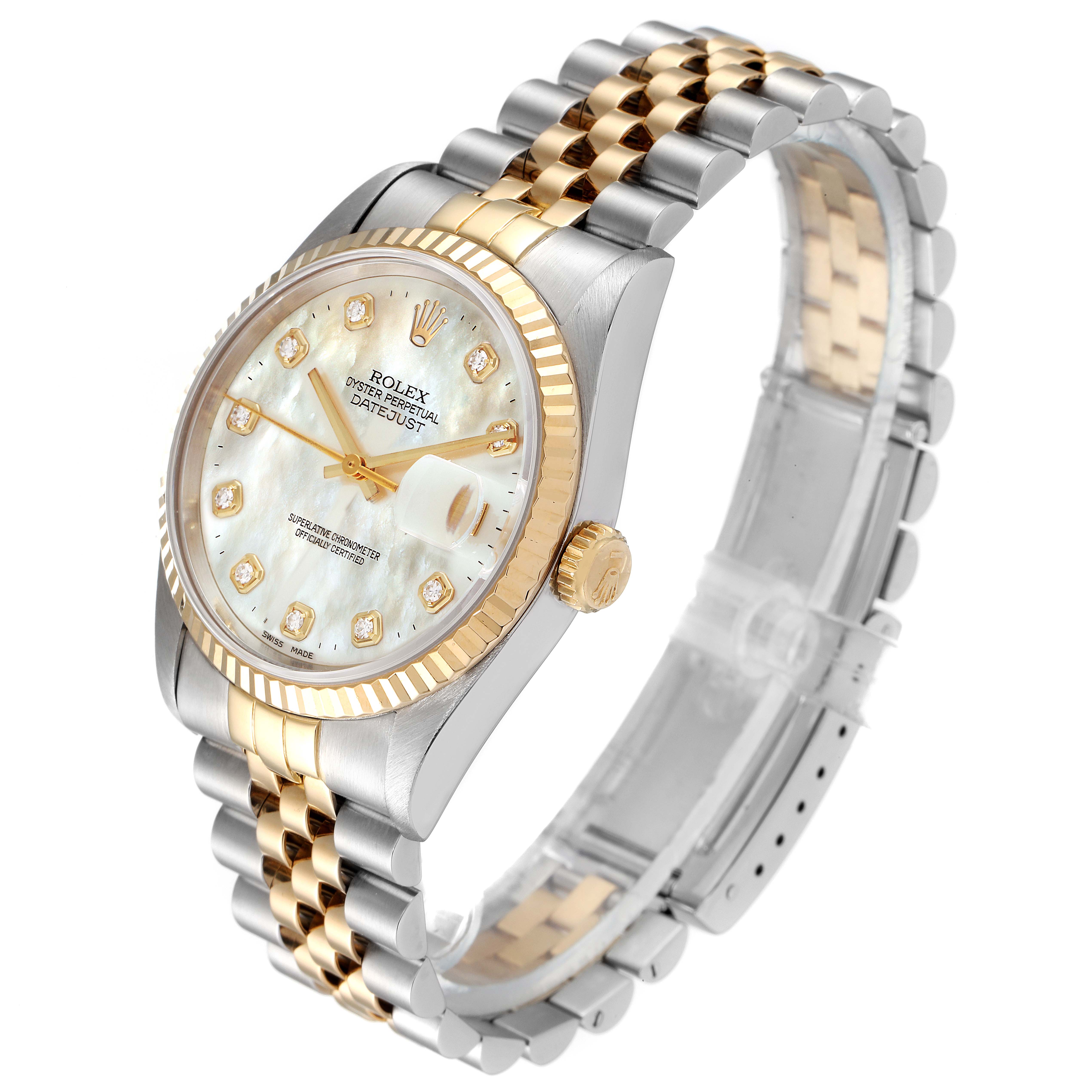 The image shows a Rolex Datejust 16233 Men's Steel and Gold (two tone) Mother of Pearl Dial 16233 Men's Steel and Gold (two tone) Mother of Pearl Dial watch at an angled side view, featuring its face, bezel, crown, and two-tone bracelet.