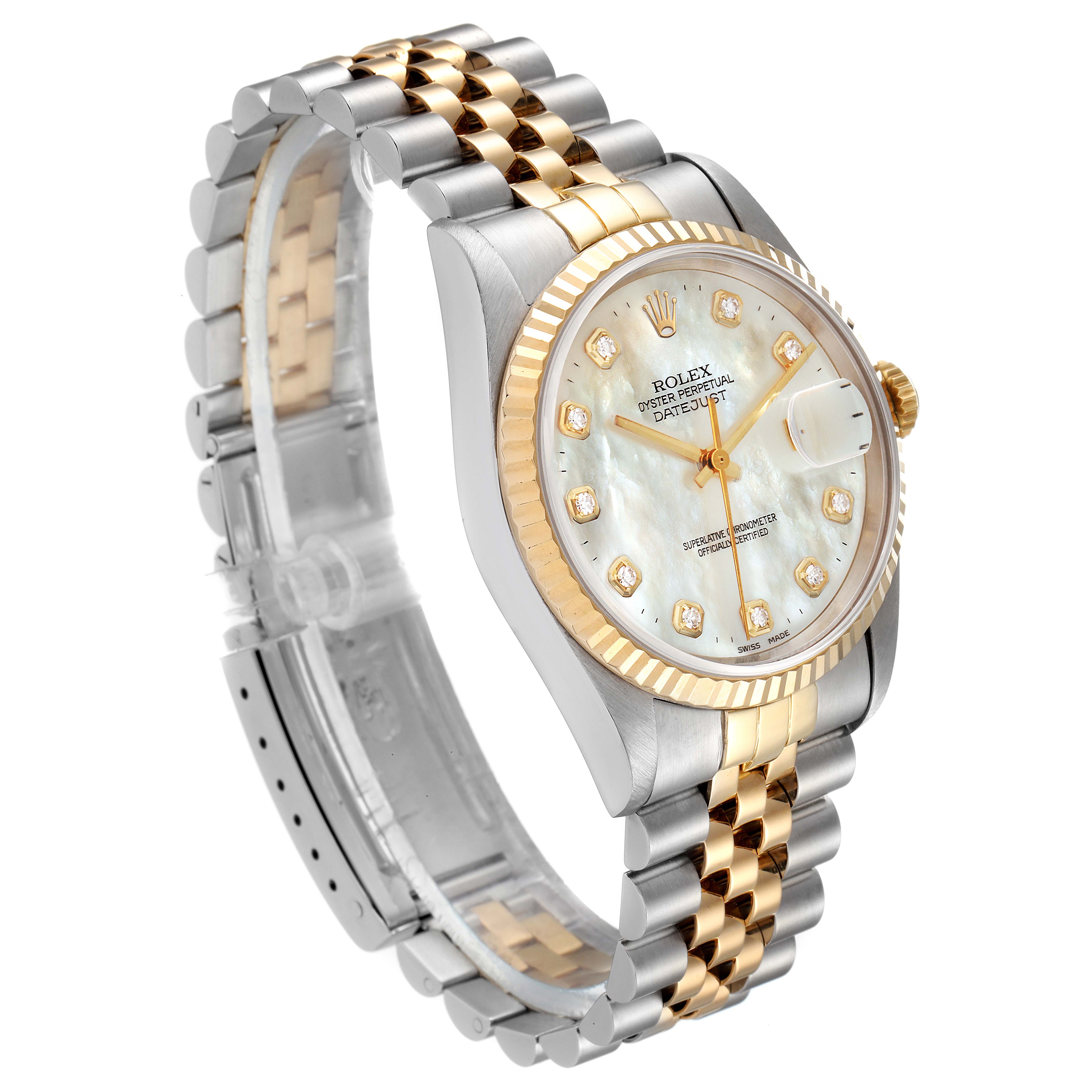 The image displays a Rolex Datejust 16233 Men's Steel and Gold (two tone) Mother of Pearl Dial 16233 Men's Steel and Gold (two tone) Mother of Pearl Dial watch at a three-quarter angle, showing the dial, bezel, crown, and part of the bracelet.