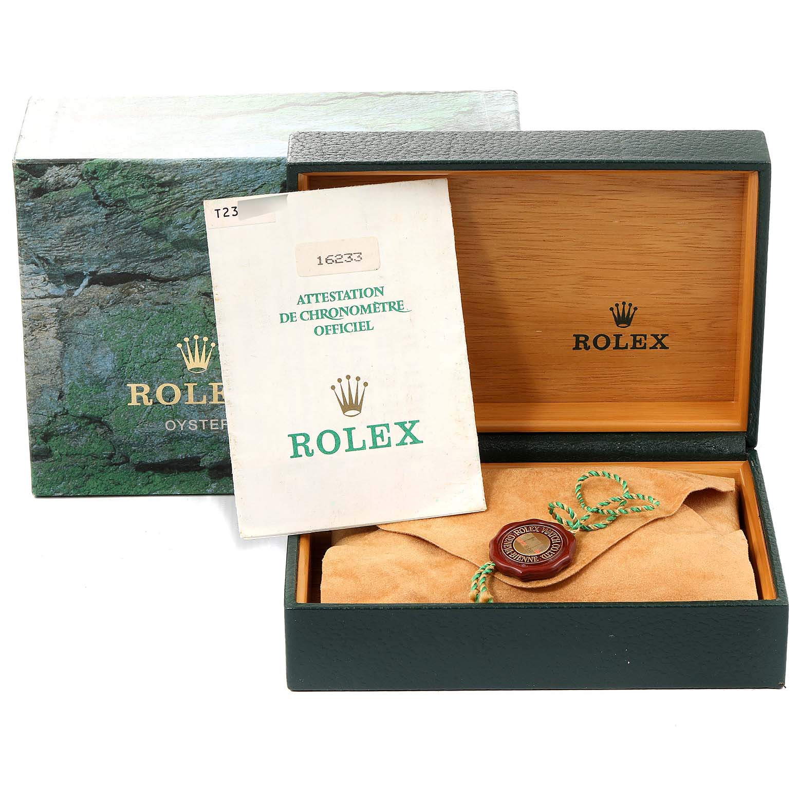 The image shows the box and certificate for a Rolex Datejust 16233 Men's Steel and Gold (two tone) Mother of Pearl Dial 16233 Men's Steel and Gold (two tone) Mother of Pearl Dial, including the box, document, and tag.