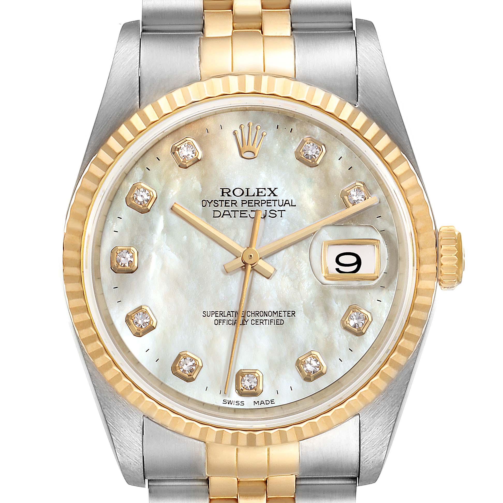 The image shows a frontal view of a Rolex Datejust 16233 Men's Steel and Gold (two tone) Mother of Pearl Dial 16233 Men's Steel and Gold (two tone) Mother of Pearl Dial watch, highlighting the dial, bezel, crown, and bracelet.