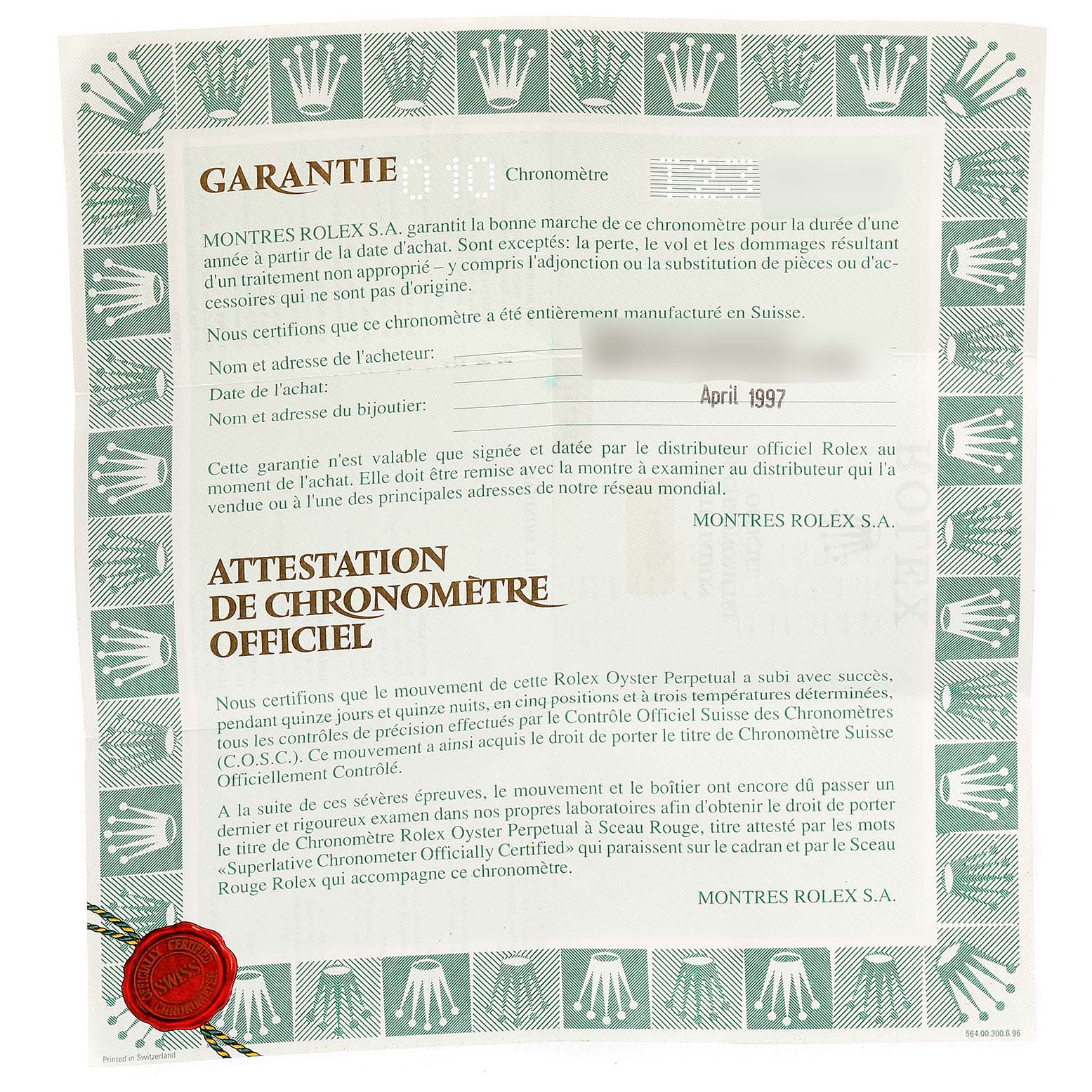 This is a warranty and official chronometer certification document for a Rolex Datejust 16233 Men's Steel and Gold (two tone) Mother of Pearl Dial 16233 Men's Steel and Gold (two tone) Mother of Pearl Dial watch.