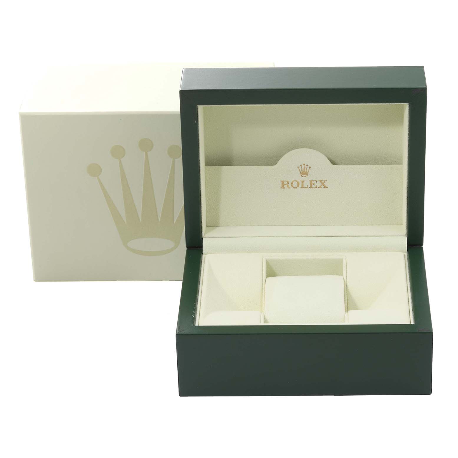 This image shows an open green and beige Rolex Turn-o-Graph 116261 Men's Steel and Gold (two tone) White Dial 116261 Men's Steel and Gold (two tone) White Dial watch box and an outer packaging with the Rolex crown logo.
