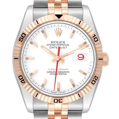 The image shows the Rolex Turn-o-Graph watch from the front, highlighting the dial, bezel, and part of the bracelet.