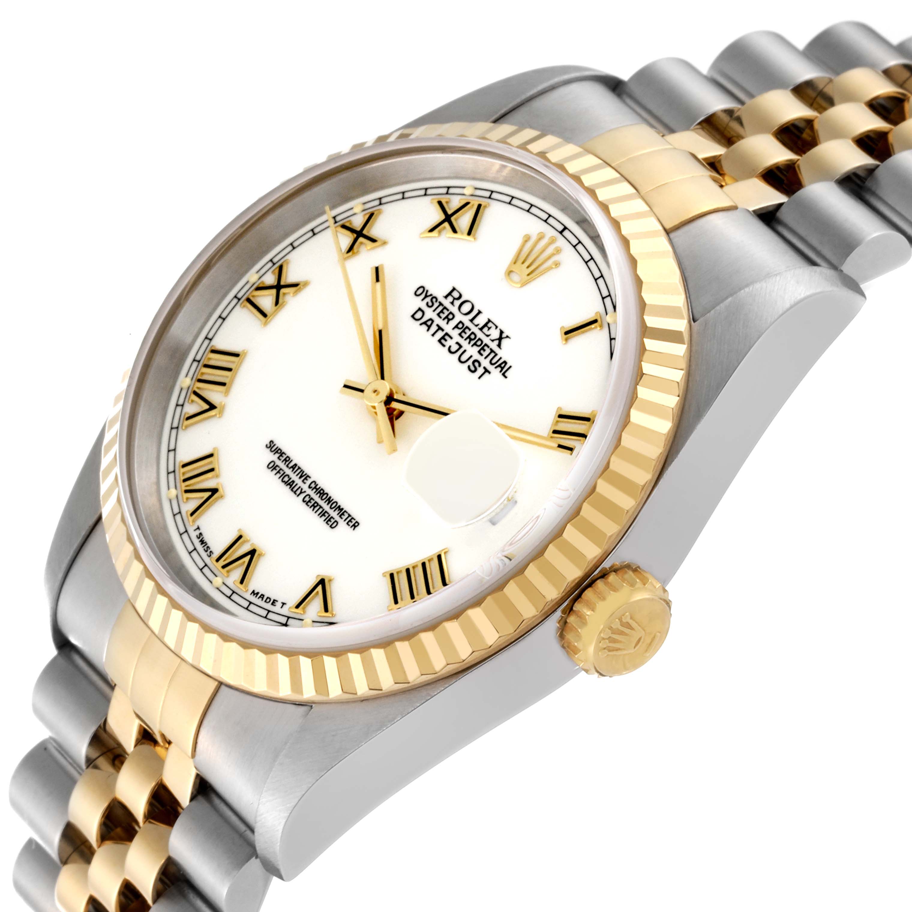 The image shows a side-angle view of a Rolex Datejust 16233 Men's Steel and Gold (two tone) White Dial 16233 Men's Steel and Gold (two tone) White Dial watch, highlighting the face, bezel, crown, and part of the bracelet.