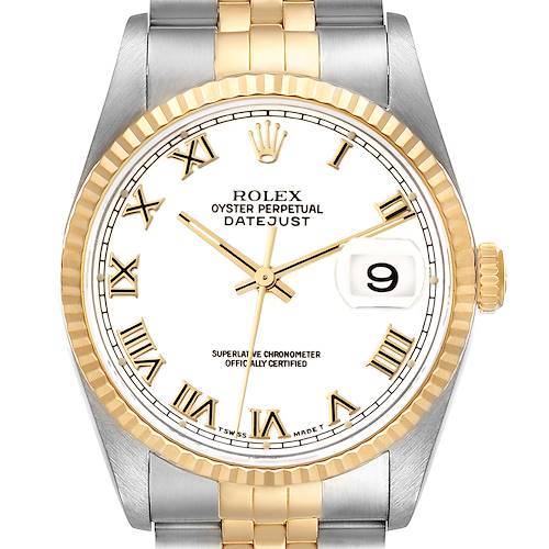 The Rolex Datejust model watch is shown from the front, highlighting the dial, hands, date, bracelet, and fluted bezel.