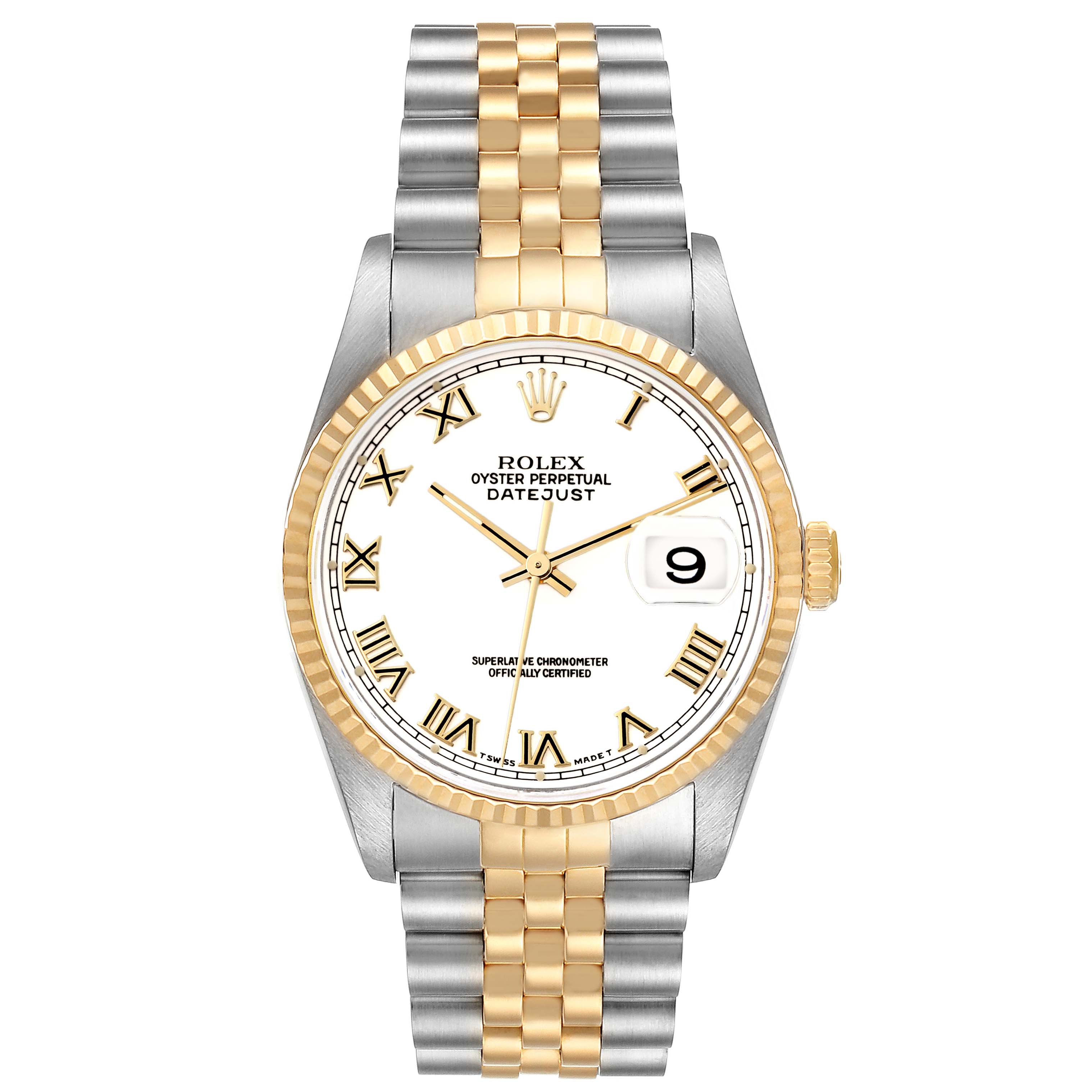 This image shows a frontal view of a Rolex Datejust 16233 Men's Steel and Gold (two tone) White Dial 16233 Men's Steel and Gold (two tone) White Dial watch with a two-tone bracelet and roman numeral dial.