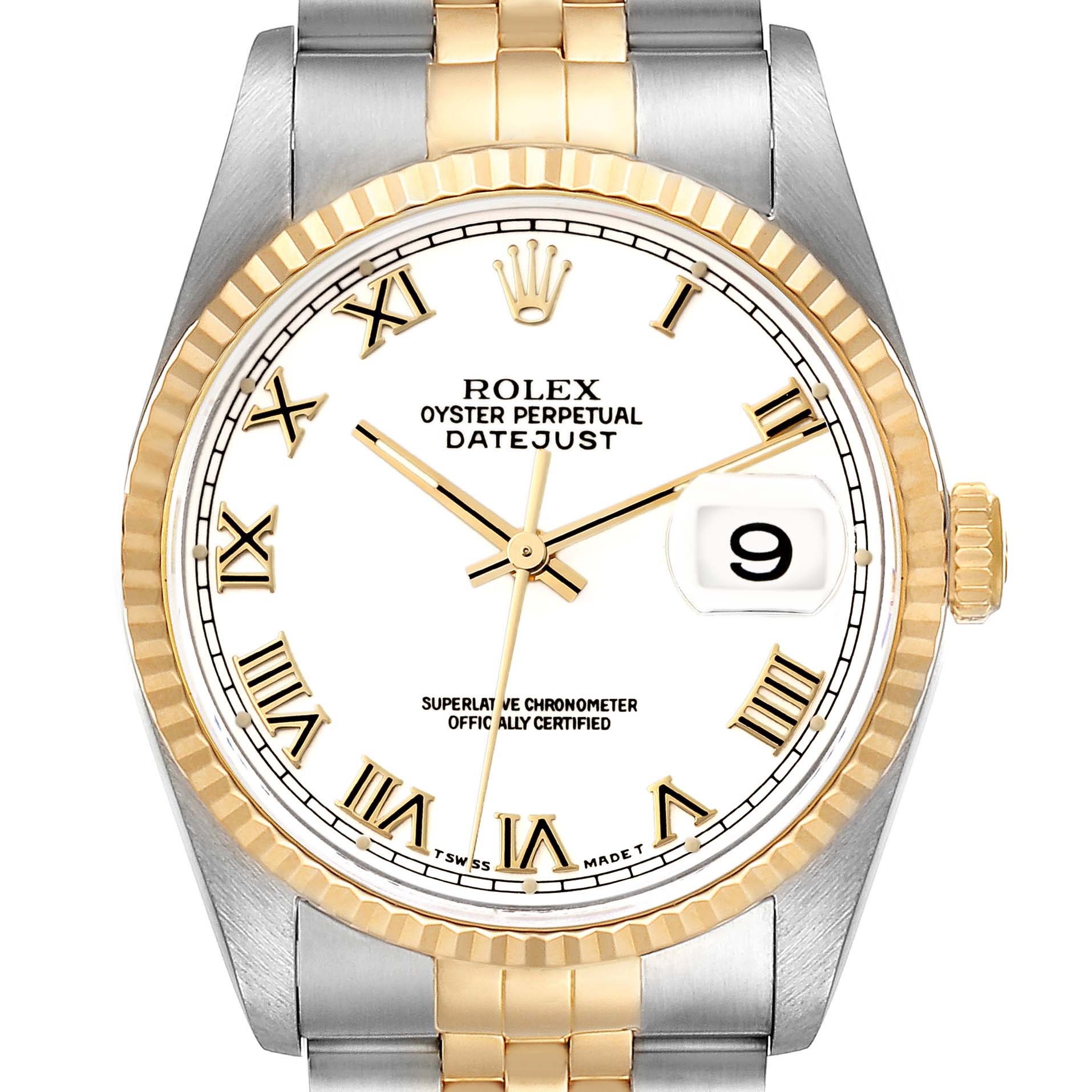 The image shows a front view of a Rolex Datejust 16233 Men's Steel and Gold (two tone) White Dial 16233 Men's Steel and Gold (two tone) White Dial watch with gold and silver accents, Roman numeral markers, and a date window at 3 o'clock.
