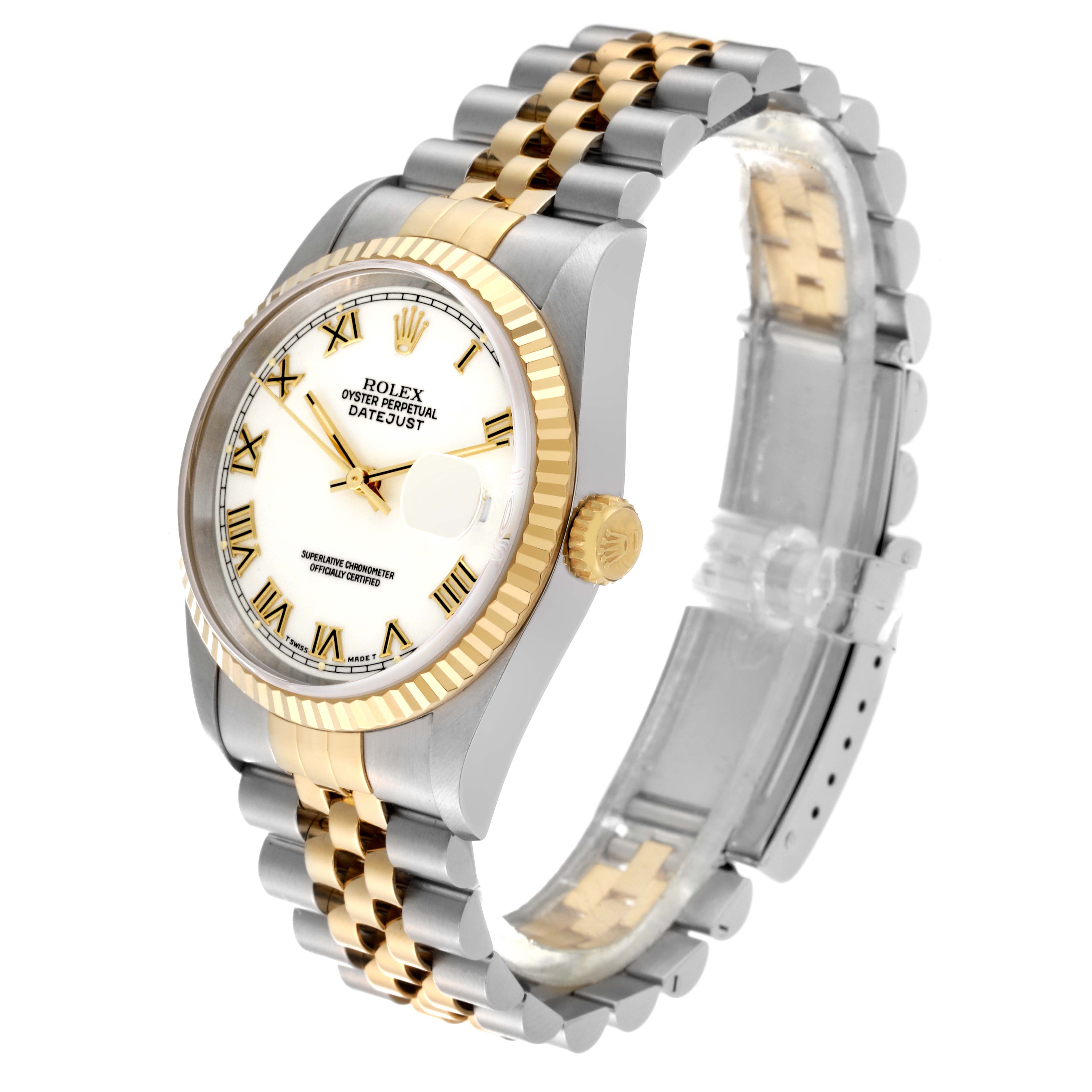 The image shows a side angle of the Rolex Datejust 16233 Men's Steel and Gold (two tone) White Dial 16233 Men's Steel and Gold (two tone) White Dial watch, highlighting its gold and silver bracelet, fluted bezel, and white Roman numeral dial.
