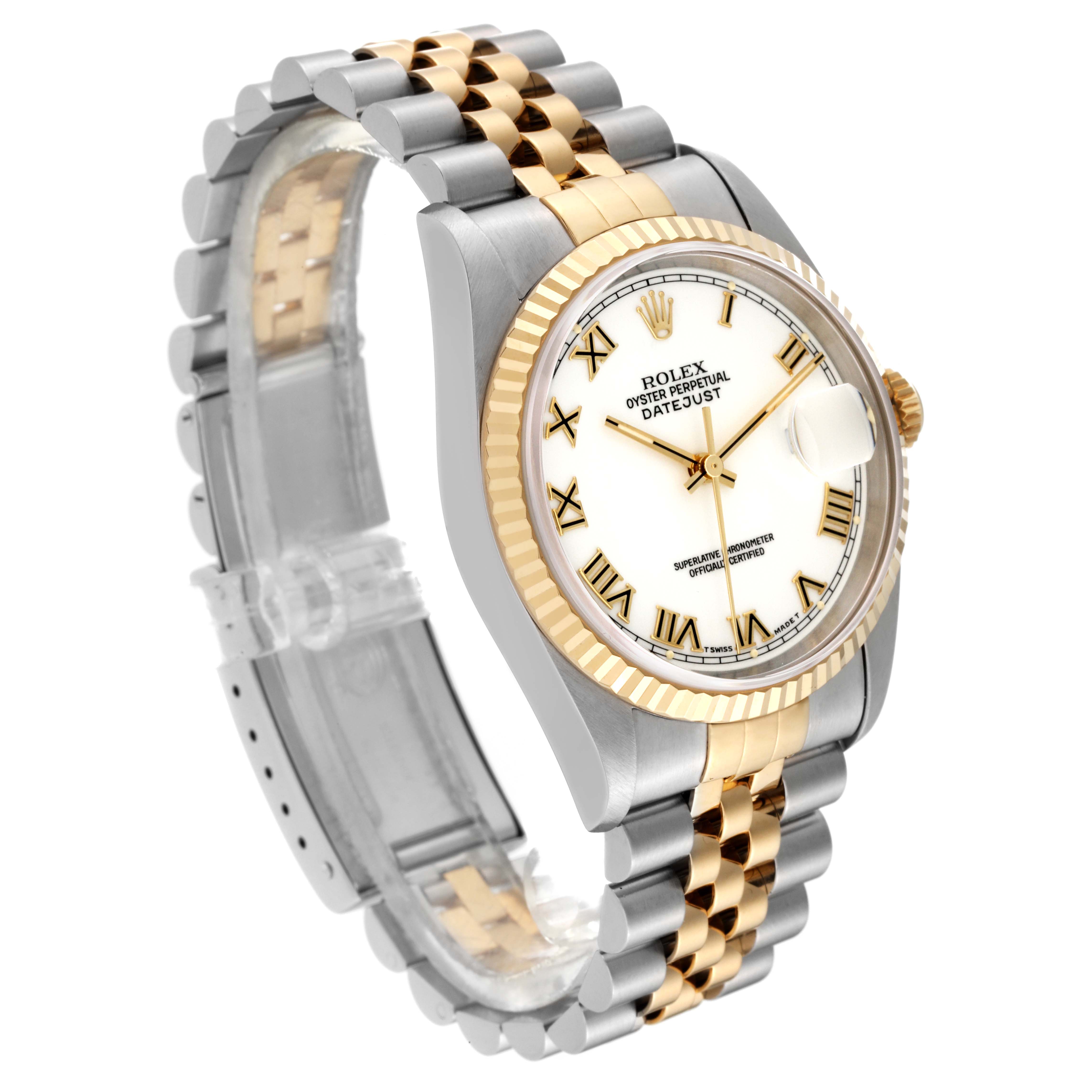 This image shows a Rolex Datejust 16233 Men's Steel and Gold (two tone) White Dial 16233 Men's Steel and Gold (two tone) White Dial watch from a high side angle, highlighting its bezel, dial, and two-tone jubilee bracelet.