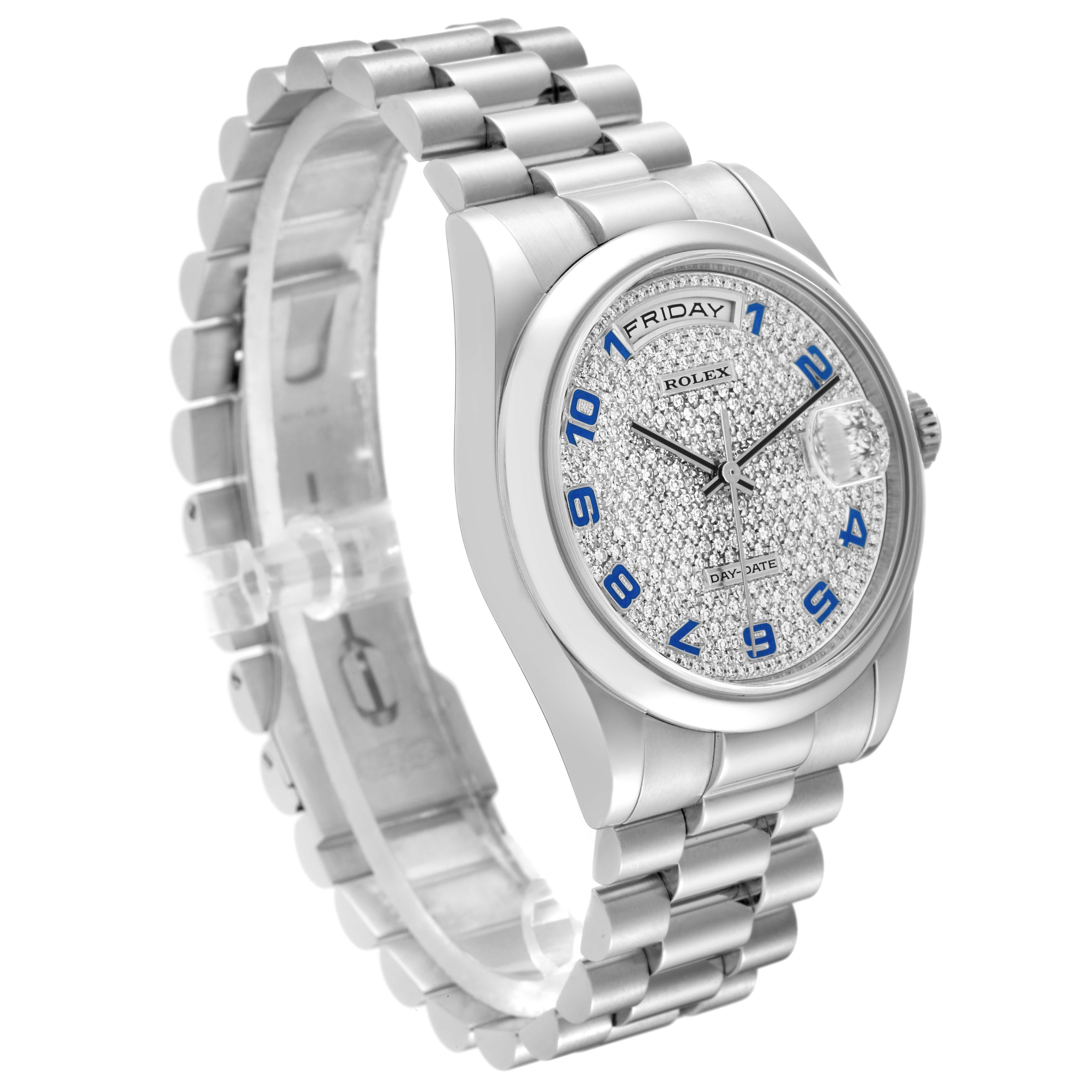 This image shows a Rolex President 118206 Men's Platinum Silver Dial 118206 Men's Platinum Silver Dial model watch at a three-quarter angle, highlighting its band, case, and diamond-encrusted dial.