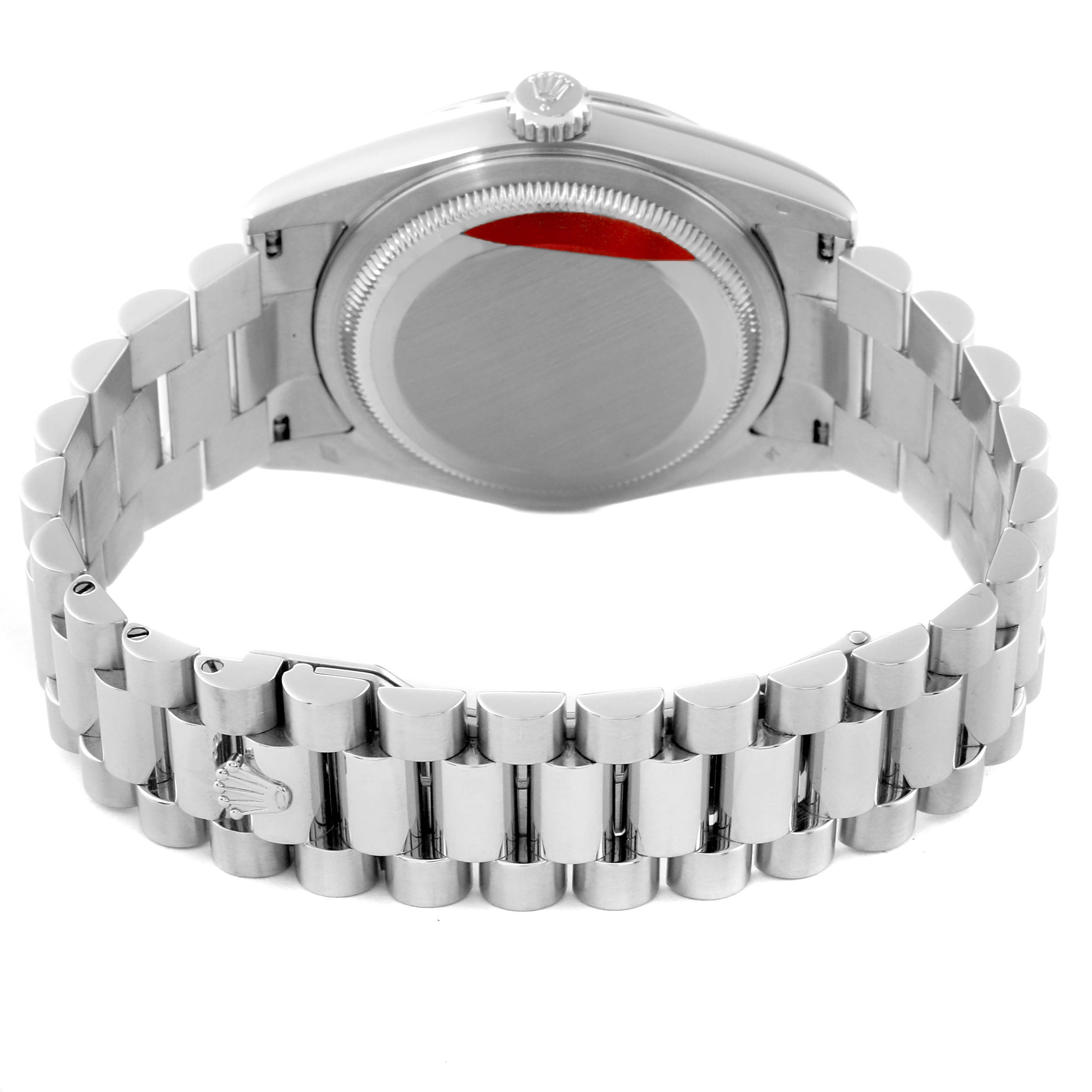 This image shows the back and bracelet of a Rolex President 118206 Men's Platinum Silver Dial 118206 Men's Platinum Silver Dial model watch, highlighting the clasp and case back.