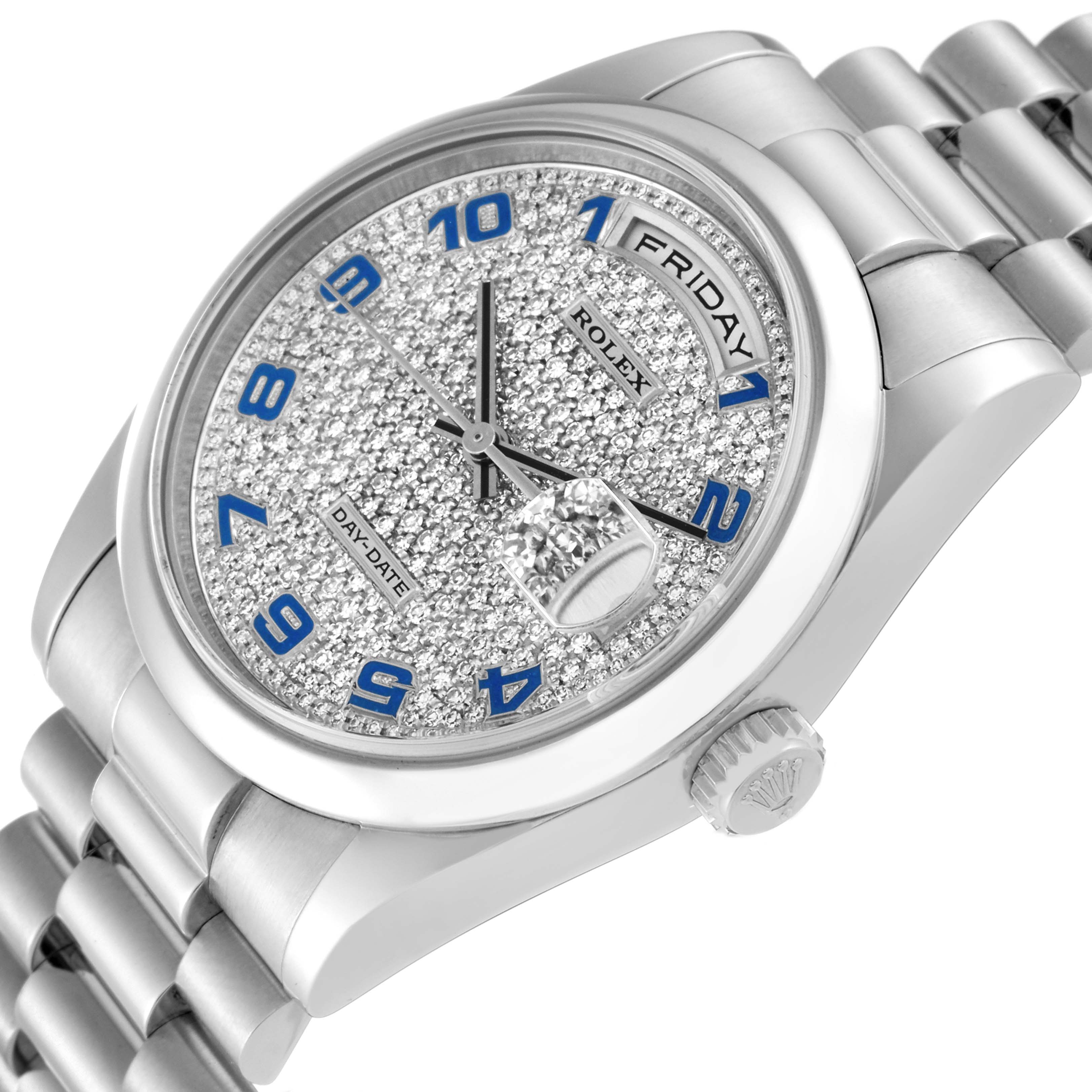 The image shows a President model Rolex watch at an angled side view, highlighting its diamond-studded face, bracelet, and crown.