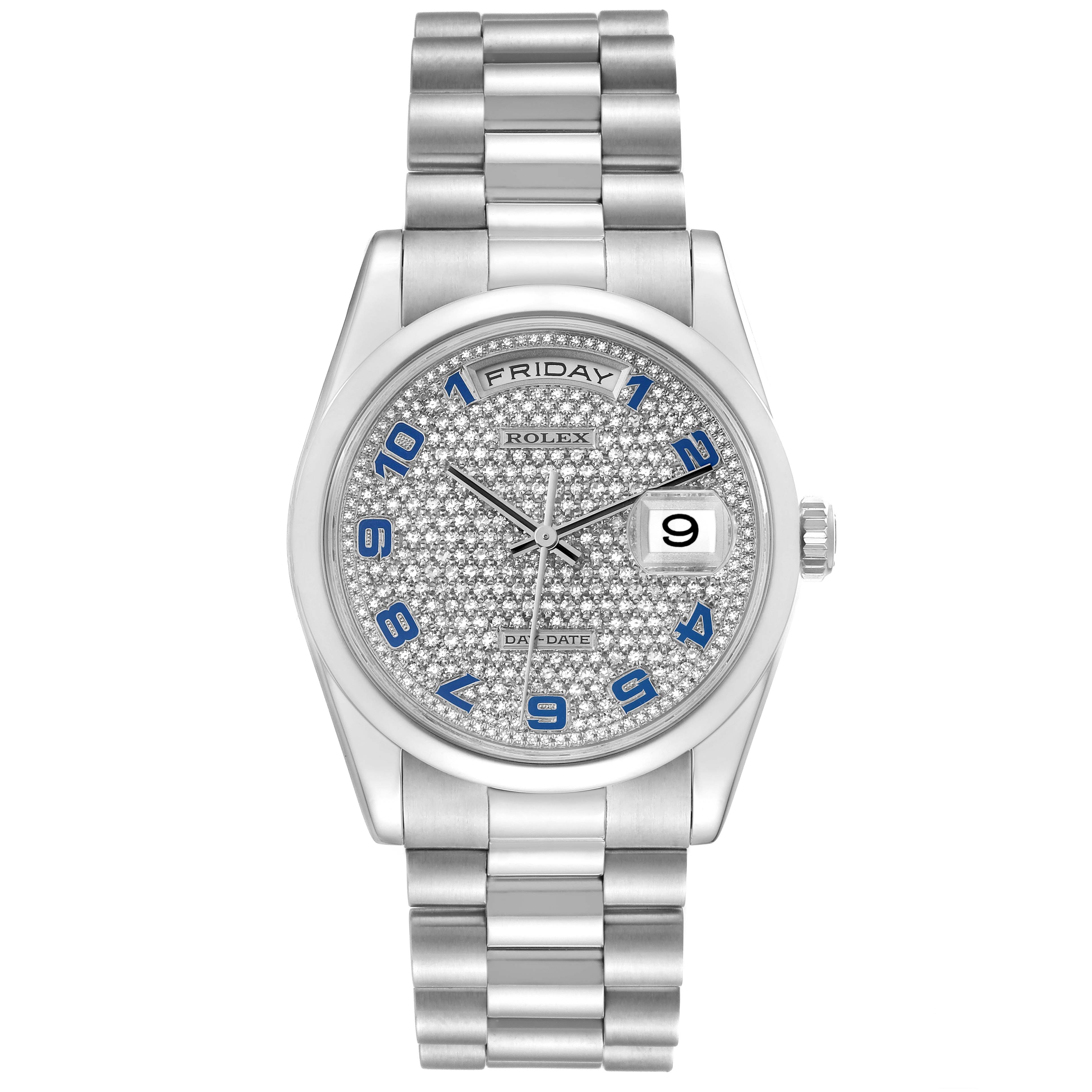 The image shows a Rolex President 118206 Men's Platinum Silver Dial 118206 Men's Platinum Silver Dial model watch, featuring the full face, bracelet, and crown, viewed from the front.