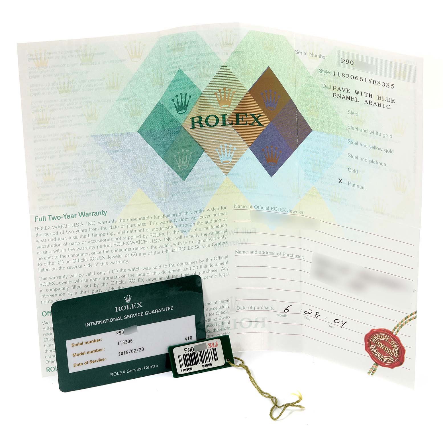 This image shows the warranty card, international service guarantee card, and hang tag for a Rolex President 118206 Men's Platinum Silver Dial 118206 Men's Platinum Silver Dial model watch.