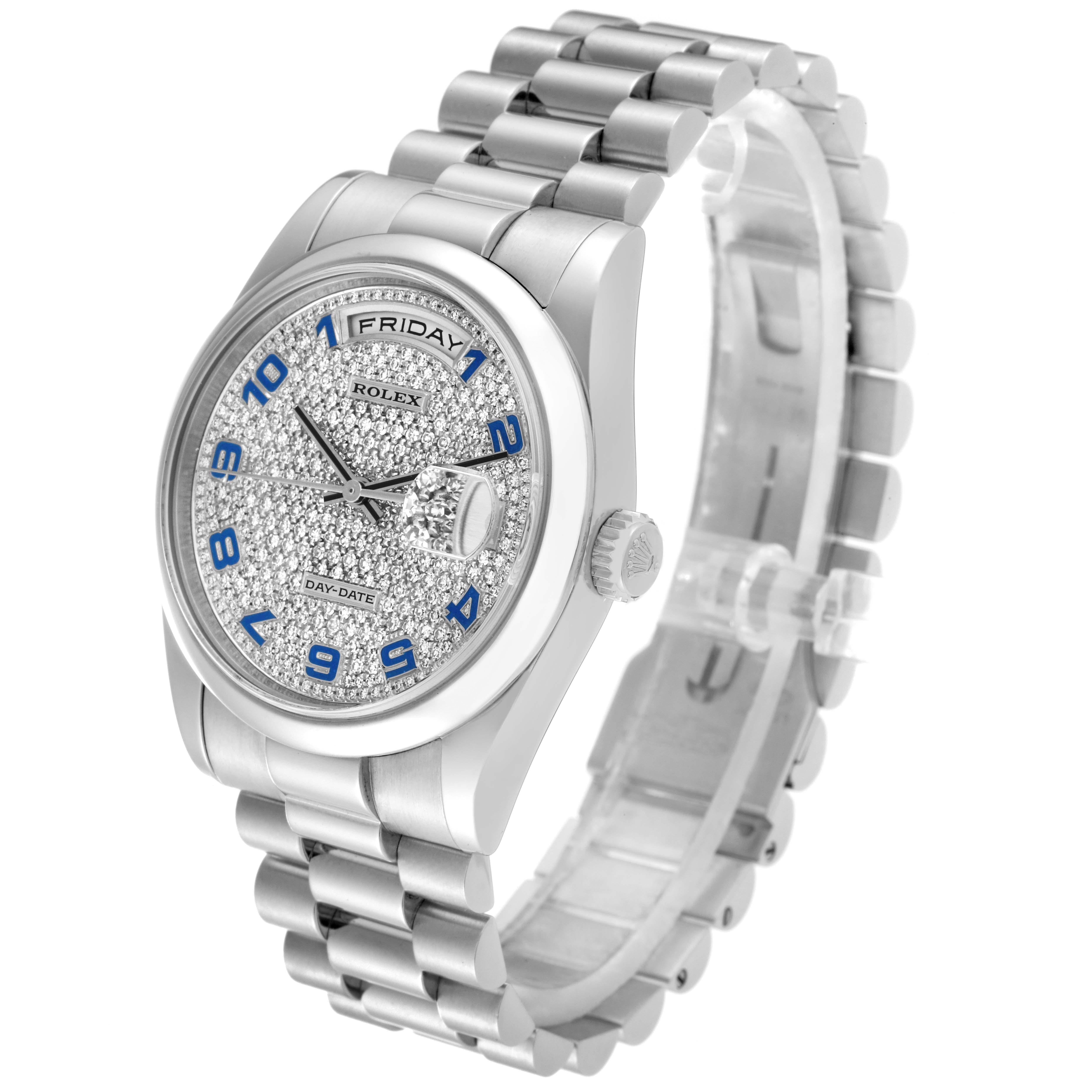 The image shows a Rolex President 118206 Men's Platinum Silver Dial 118206 Men's Platinum Silver Dial model watch at a three-quarter angle, highlighting the face, bezel, crown, and bracelet.