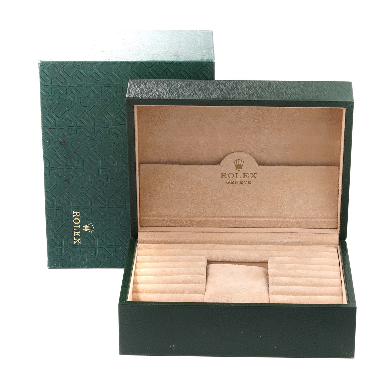 The image shows an open green Rolex watch box for a President model, displaying its interior compartments.