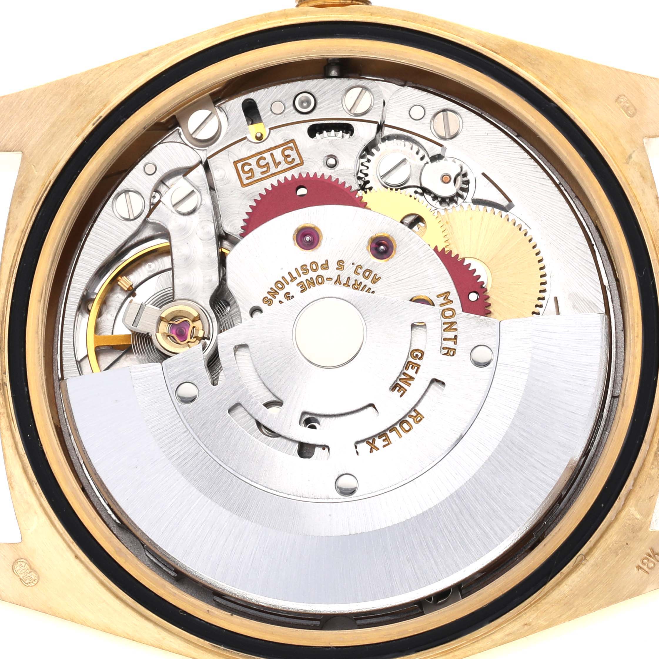 The image shows the internal mechanism of the Rolex President 18248 Men's Yellow Gold Champagne Dial 18248 Men's Yellow Gold Champagne Dial model, viewed from the back.