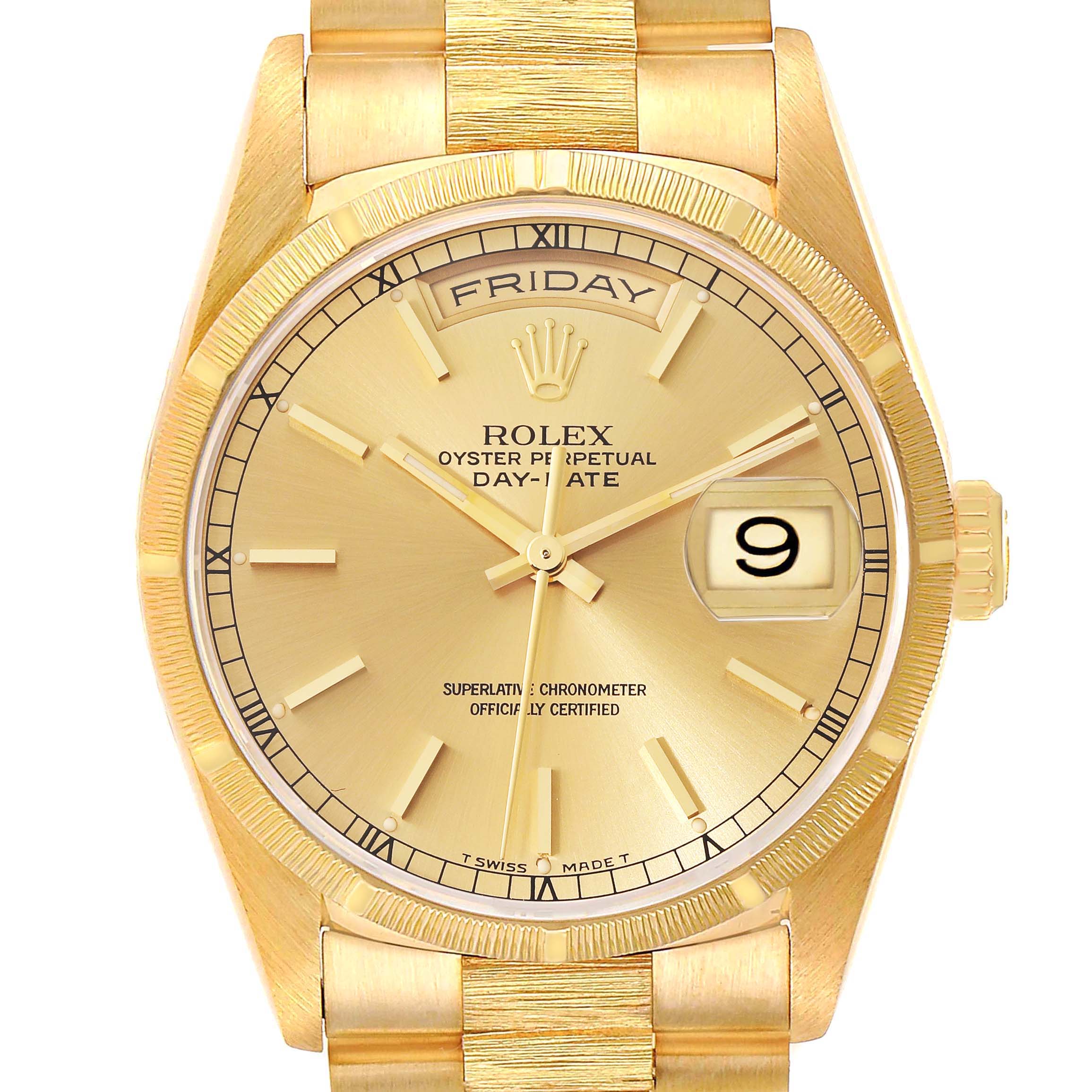 This image shows the face, bezel, and part of the bracelet of a Rolex President 18248 Men's Yellow Gold Champagne Dial 18248 Men's Yellow Gold Champagne Dial Day-Date model watch, highlighting the day and date.