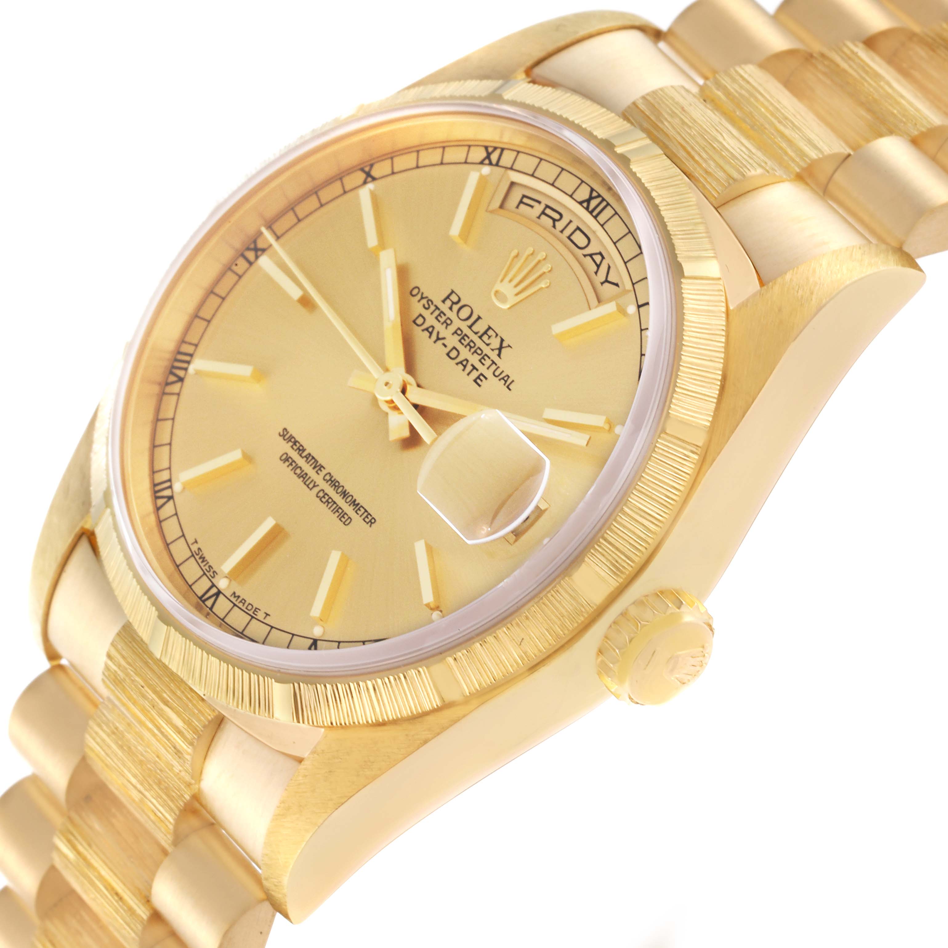 The image shows an angled view of a Rolex President 18248 Men's Yellow Gold Champagne Dial 18248 Men's Yellow Gold Champagne Dial model watch, displaying the dial, bracelet, and partially the case side.